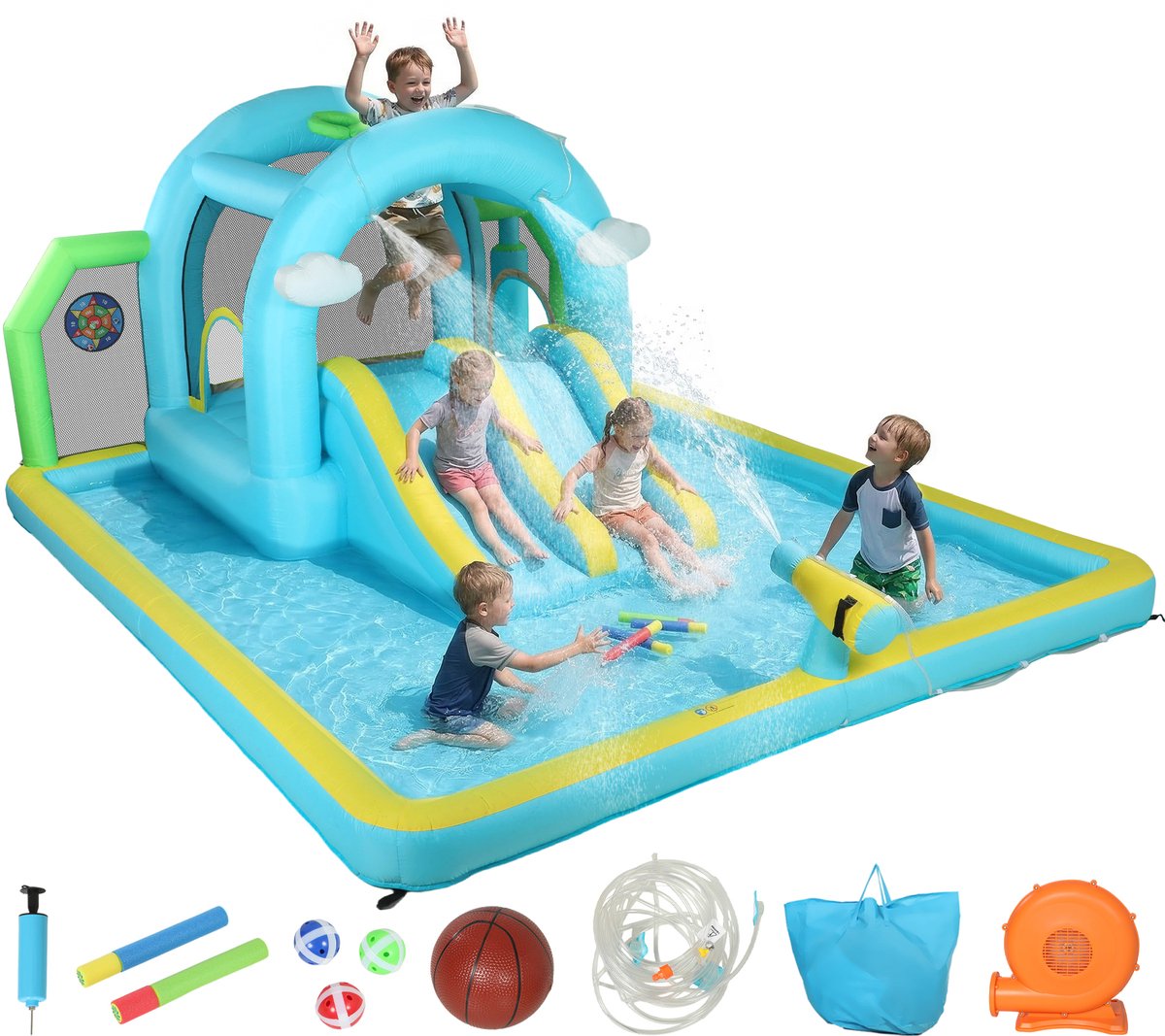 ECTEATOY® Springkasteel Opblaasbaar Waterpark 7-in-1 Springkasteel met Blower - 2 Glijbanen, Zwembad & Trampoline - 426x360x198 cm