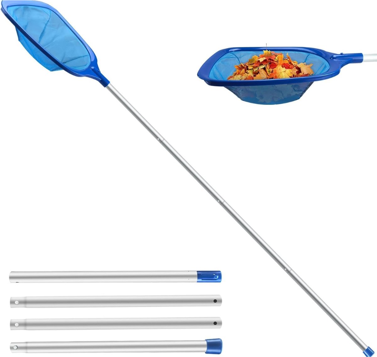 SNJY® Schepnet Zwembad - Zwembad Net - Fijnmazig Schepnet - Zwembad Schepnet - Verstelbaar - Tot 161cm - Zilver/Blauw
