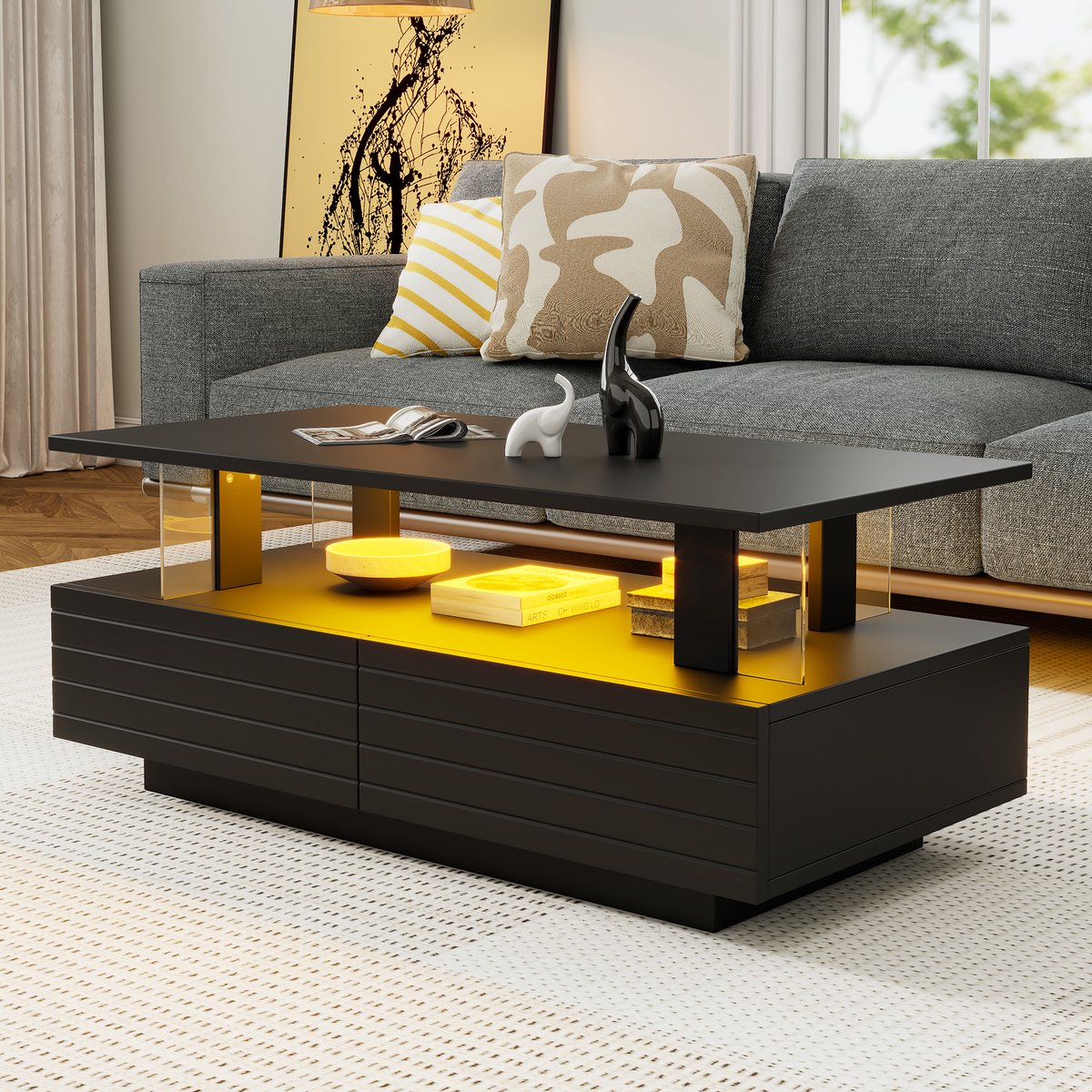 COVREO Salontafel 100x50x42 cm – zwart acryl, LED-verlichting, 2 lades en opbergruimte