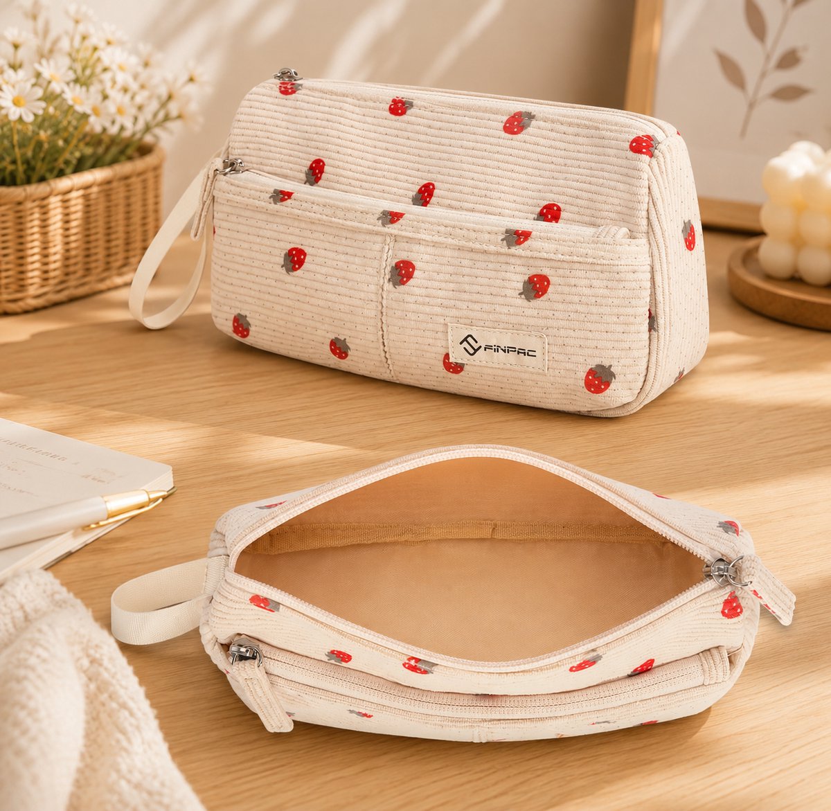 Pennenetui Corduroy met Handlus, 24x7x13,5 cm, 2 compartimenten, Aardbeienrood
