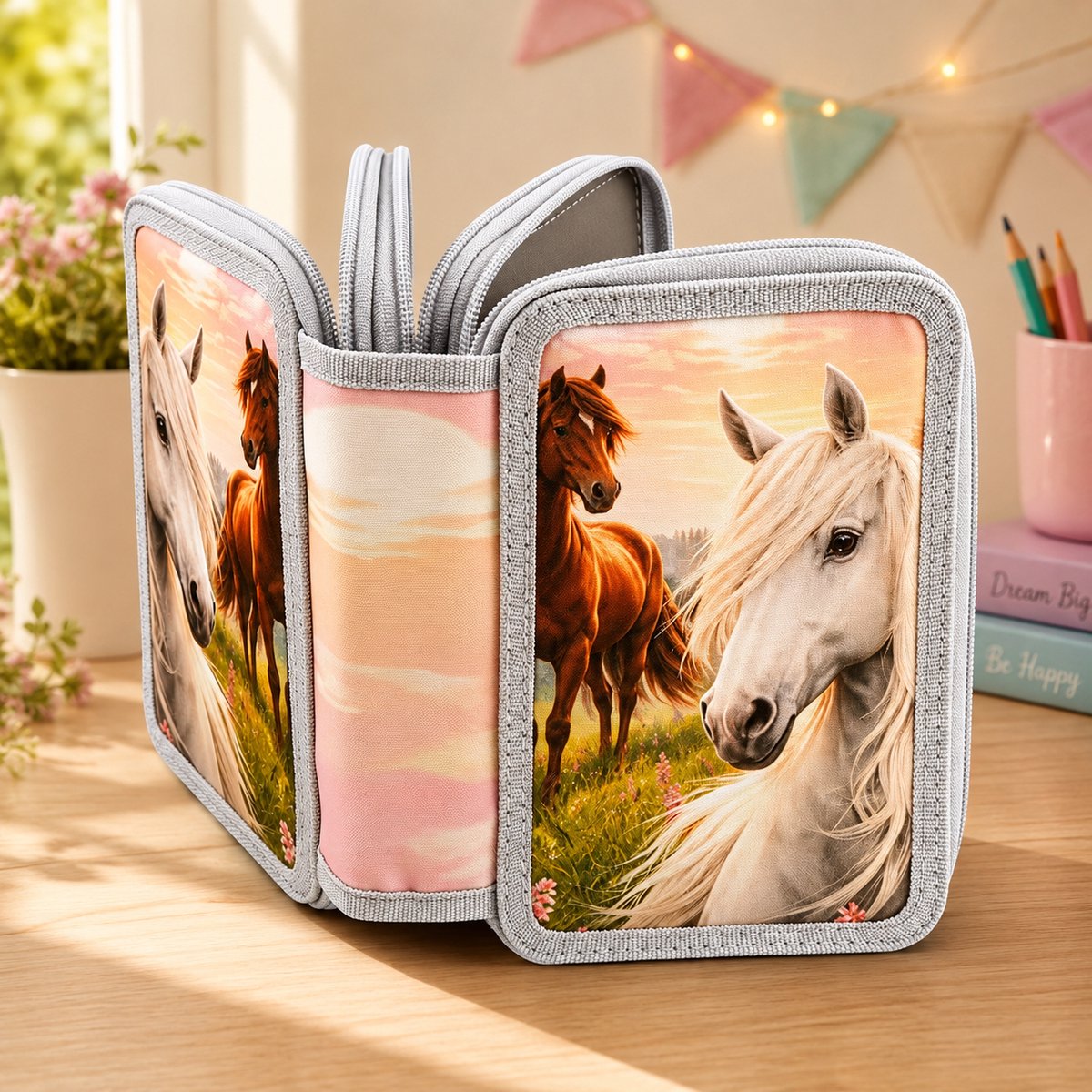 Paardenetui met 3 vakken - Grote capaciteit pennenetui met ritssluiting - School etui voor kinderen en tieners