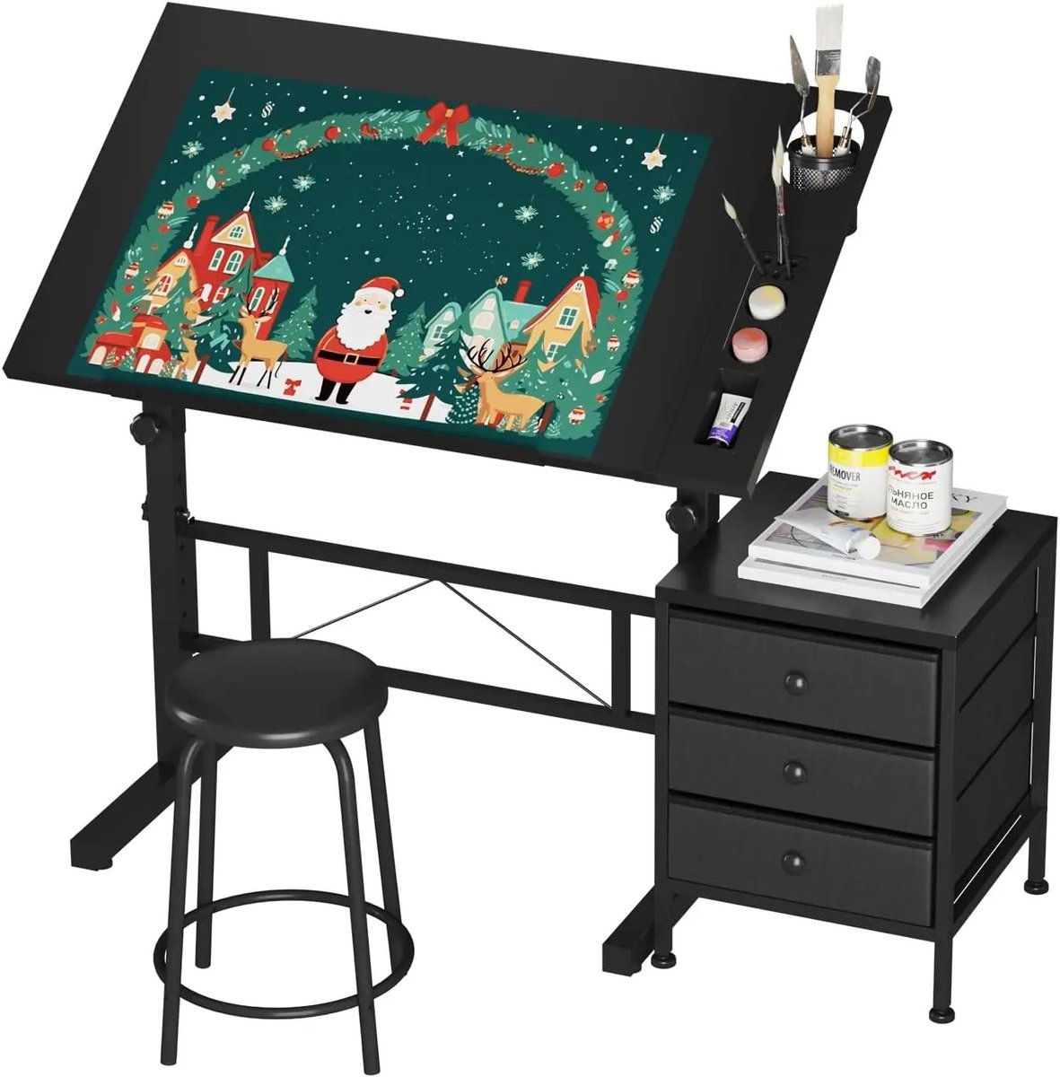 Stervia Tekentafel - Tekenbureau - Verstelbare Hoek 0°-60° - In Hoogte Verstelbaar - Inclusief Kruk En Opbergkastje - Zwart - 102 x 54.5 x 70-90 cm