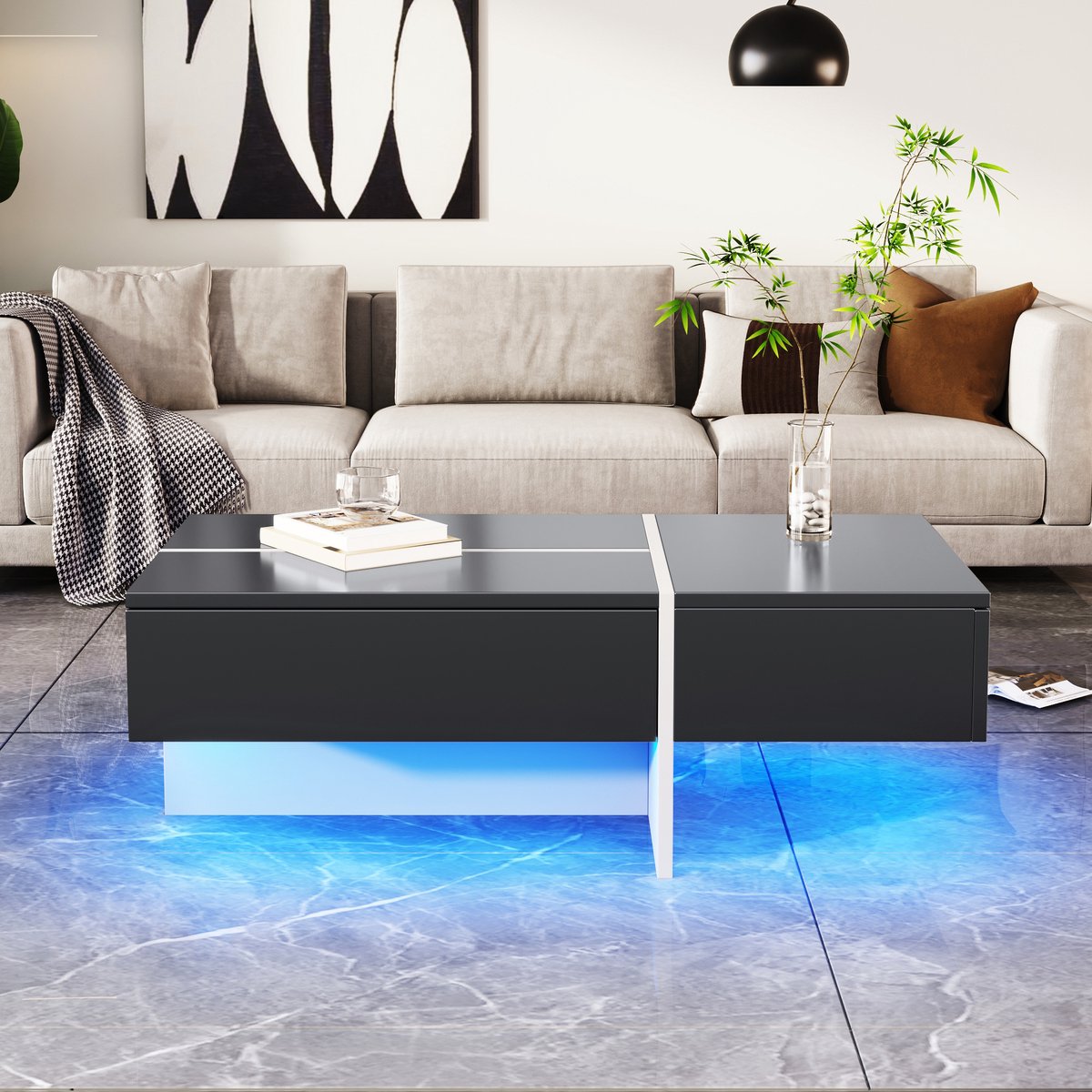 COVREO Salontafel 100 x 50 x 34,5 cm – zwart hoogglans, spaanplaat, 3 lades met LED