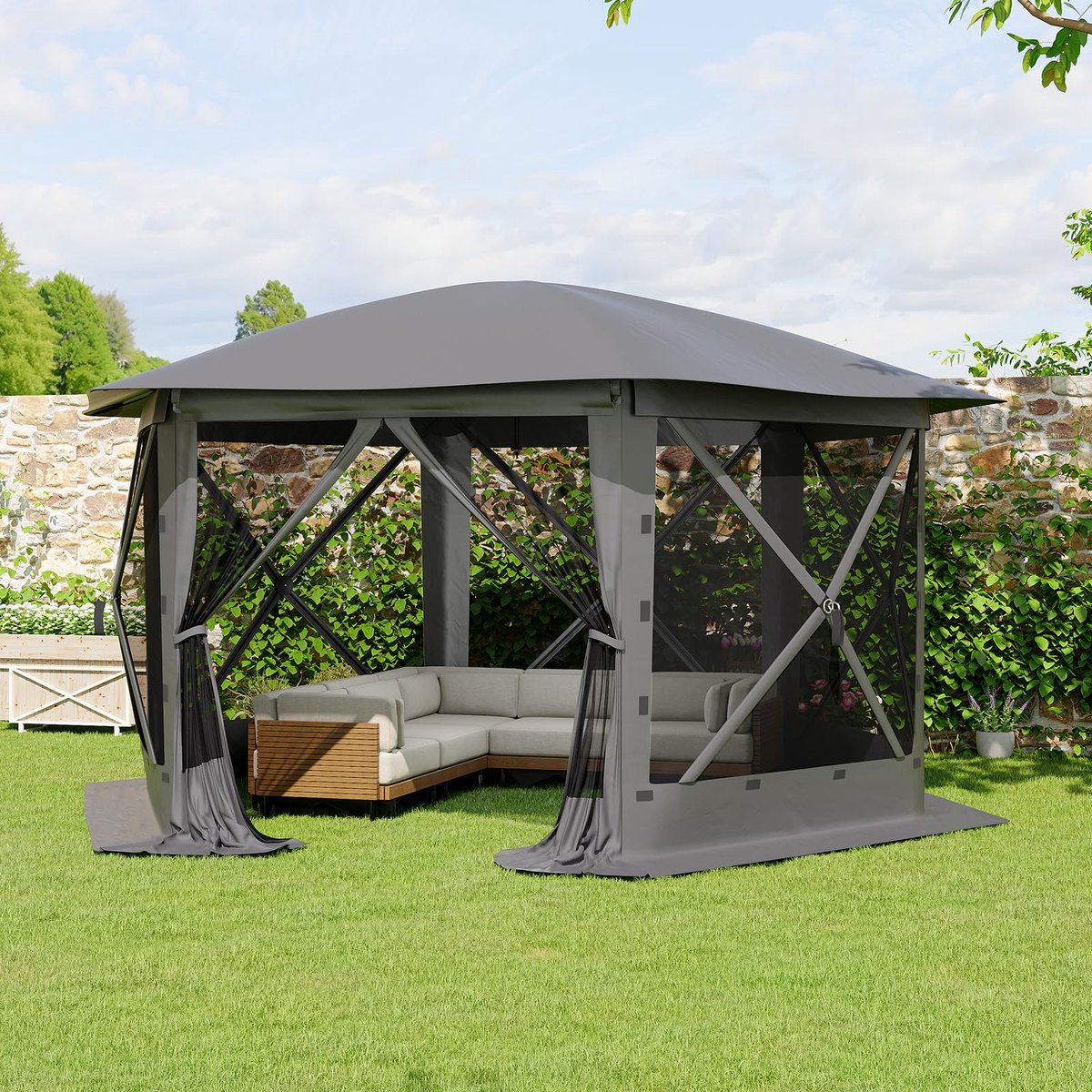 Triumpunpre Pop-up Tuinpaviljoen Zeshoekig 3,6x3,6m - Opvouwbare Partytent Gazebo met 6 Afneembare Zijwanden & Muggengaas - 210D Polyester Waterafstotend UV-Beschermd - Inclusief Opbergtas - Grijs