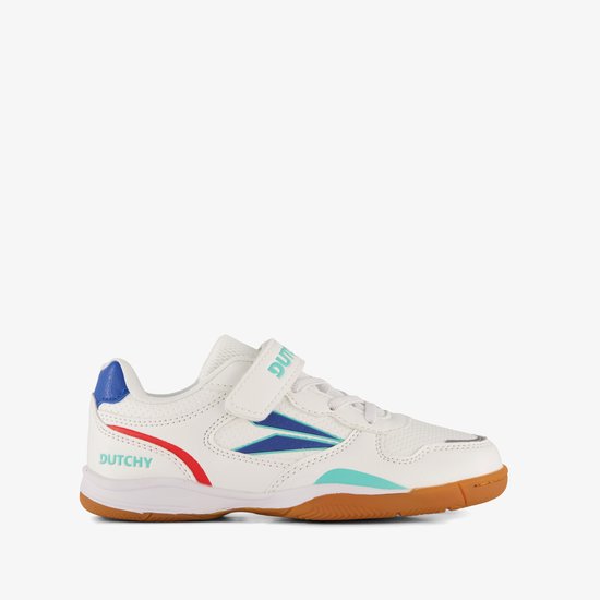 Witte lage Dutchy sportschoenen met klittenband, blauwe en mintgroene accenten en rode bies.