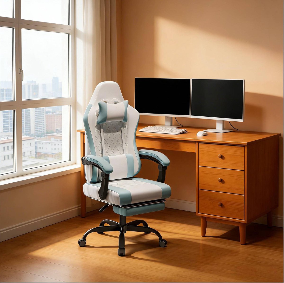 COVREO Gaming bureaustoel 70x70x127 cm blauw wit, mesh met massage lendenkussen