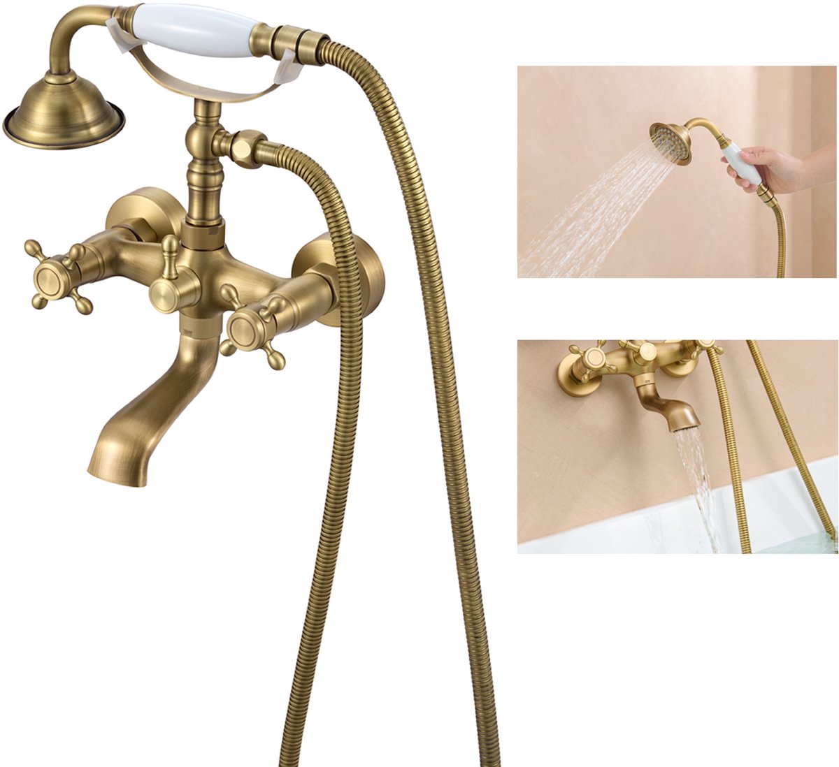 Auralum Max opbouw badkraan met handdouche complete set - Retro Doucheset - Antiek Messing - Dubbele Handgreep - 180° Draaibare Uitloop - 2 Functies - 150 mm Hartafstand - Goud