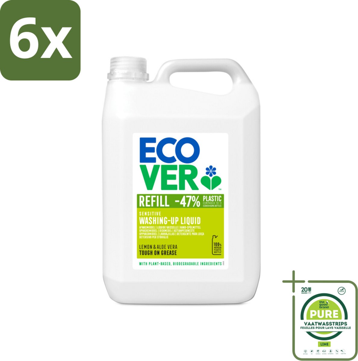 Ecover - Afwasmiddel - Citroen & Aloë Vera - 5 liter - Voordeelverpakking - 6 stuks - Afwasmiddel - Citroen