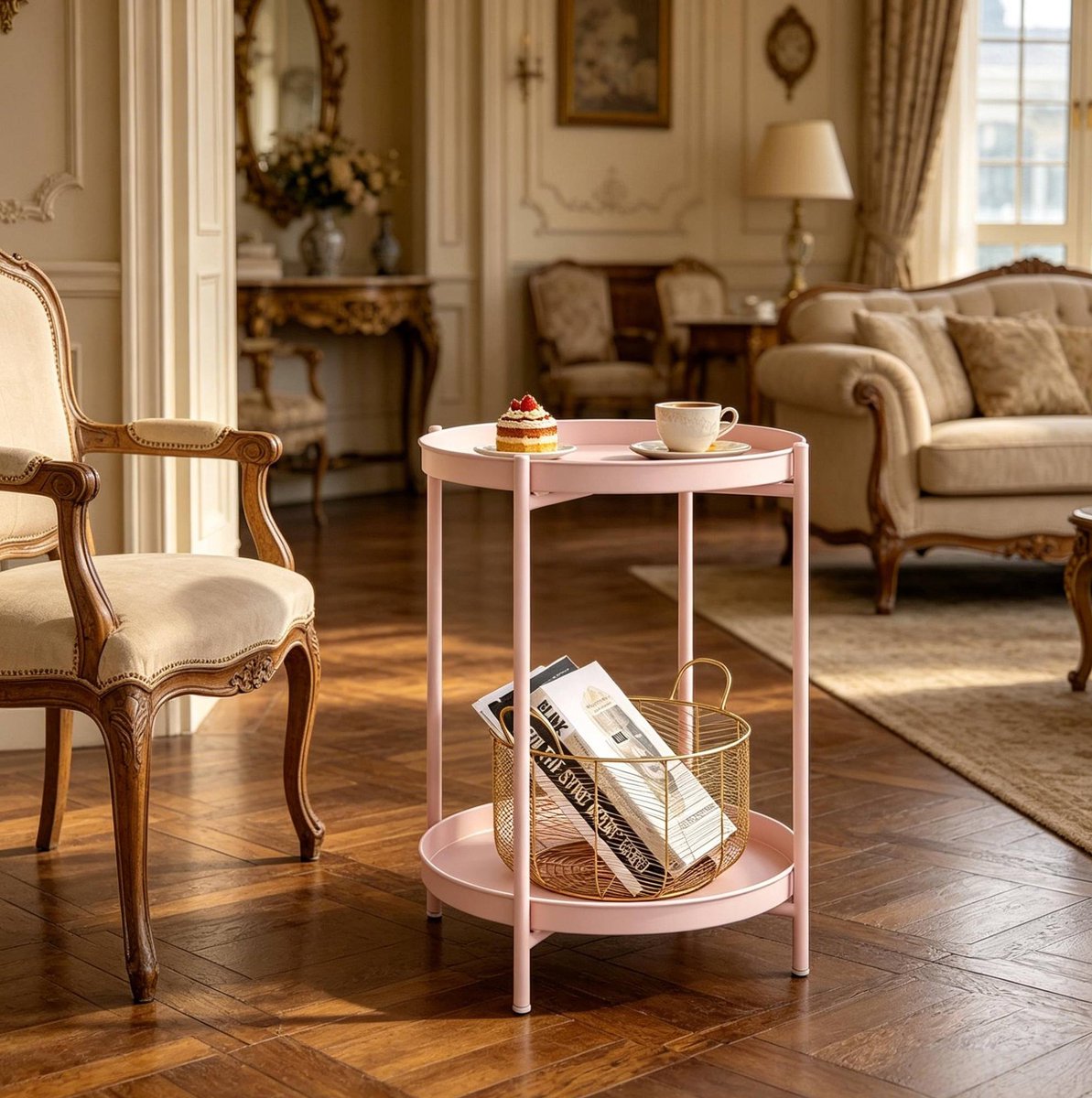 COVREO Bijzettafel 44x44x53 cm roze, metaal met 2 opbergbladen Pink