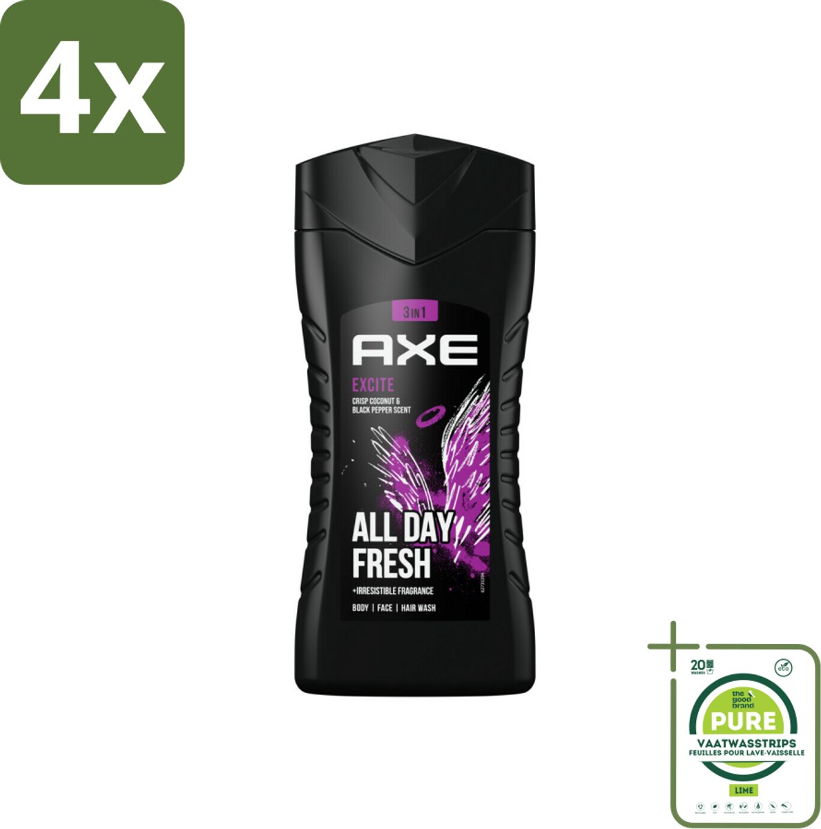 AXE - 3-in-1 Douchegel - Excite - Lichaam, Gezicht & Haar - Verleidelijke Geur - 250 ml - Voordeelverpakking - 4 stuks - 3-in-1 douchegel - Mannelijke geur