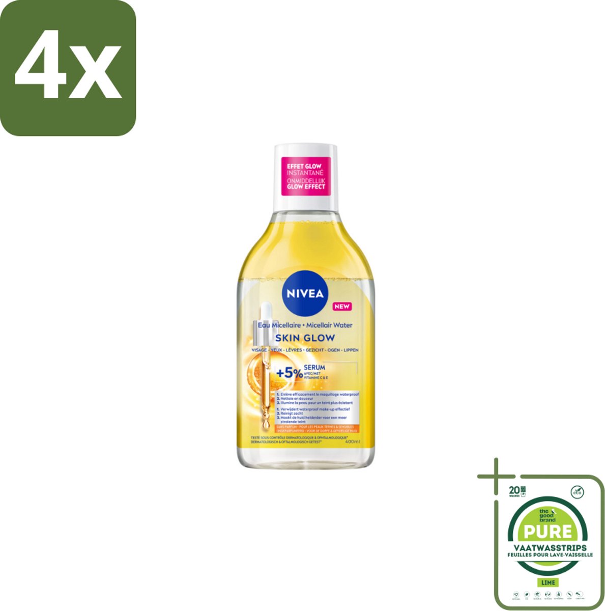 NIVEA - Micellair Water - Serum Verrijkt Stralend - Verwijdert Waterbestendige Make-up - 400 ml - Voordeelverpakking - 4 stuks - Micellair water - Reinigingswater