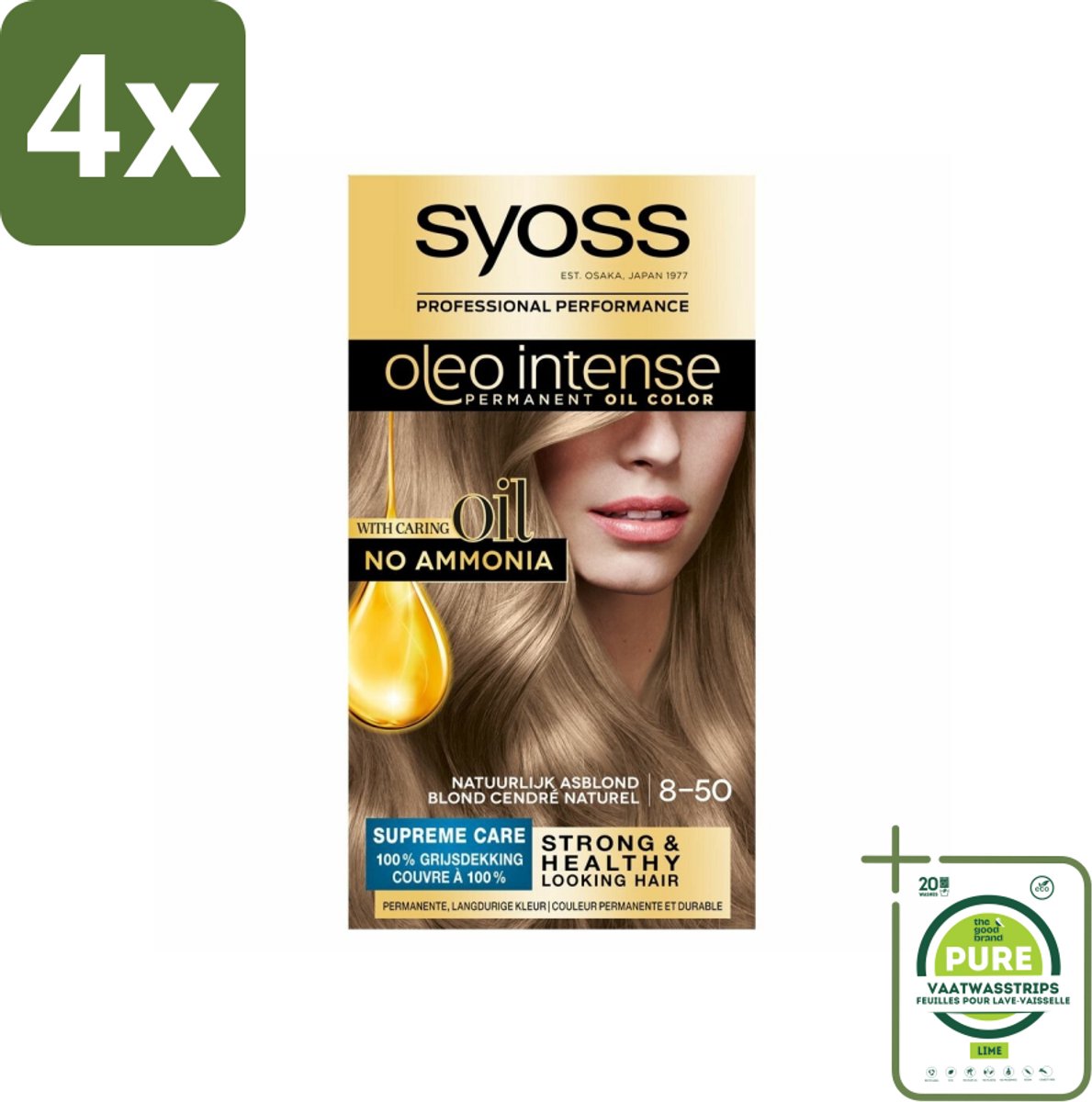 SYOSS - Oleo Intense 8-50 - Haarverf - Permanente Haarkleuring - Natuurlijk Asblond - Langdurige Kleur - Voordeelverpakking - 4 stuks - Permanente haarkleuring - Haarkleur