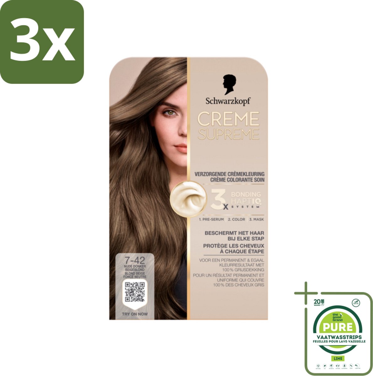 3 x Schwarzkopf - Haarkleuring - Creme Supreme 7-42 - Nude Donker Beigeblond - 245g - Grootverpakking - Permanente Haarkleuring - Haarkleur - Grijsdekking - Haarkleur 7-42 - Nude Donker Beigeblond