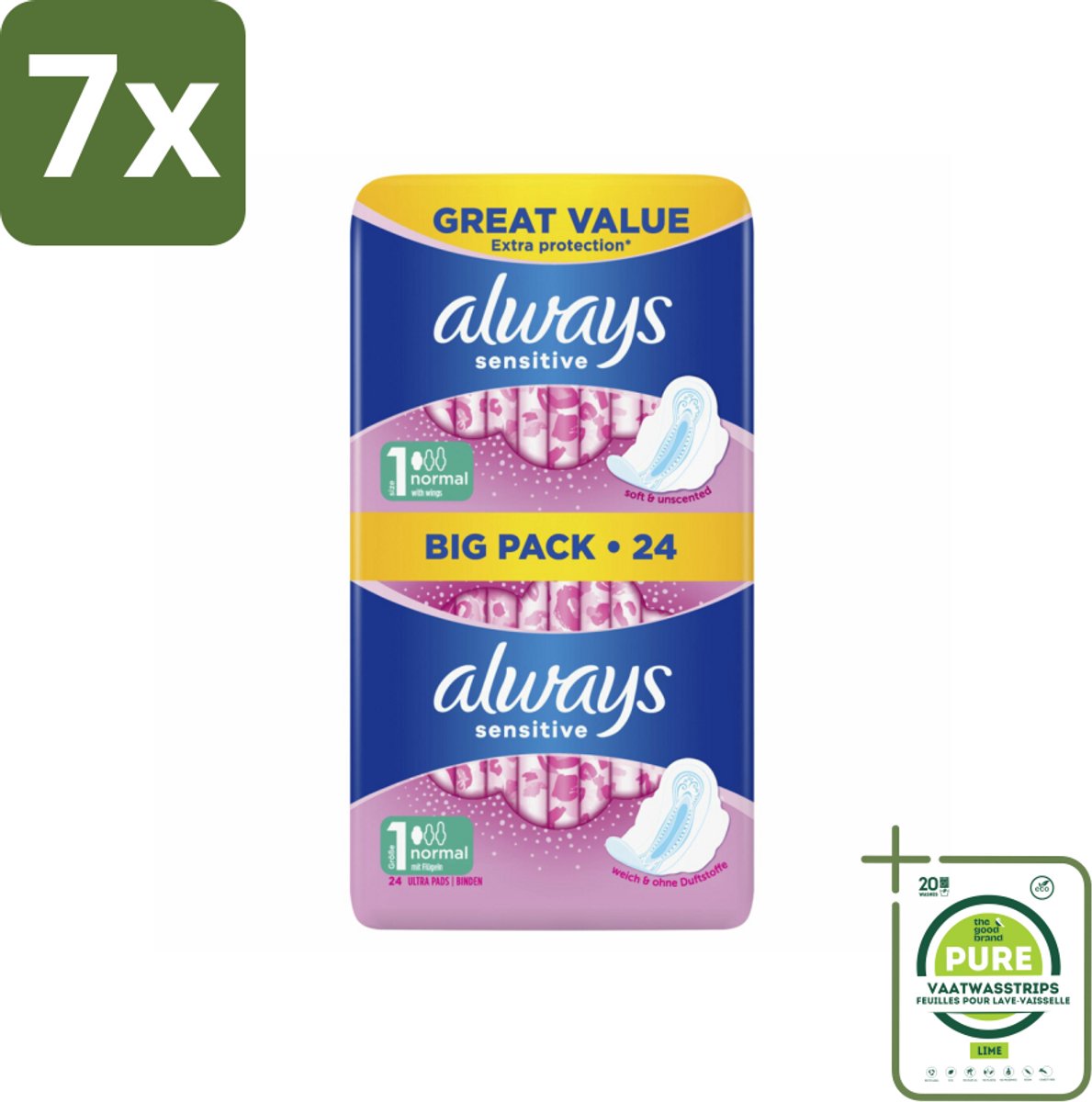 7 x Always - Maandverband - Normal - 24 Maandverband - Grootverpakking - Maandverband - Maandverband Met Vleugels - Always Sensitive - Gevoelige Huid - Lichte Menstruatie