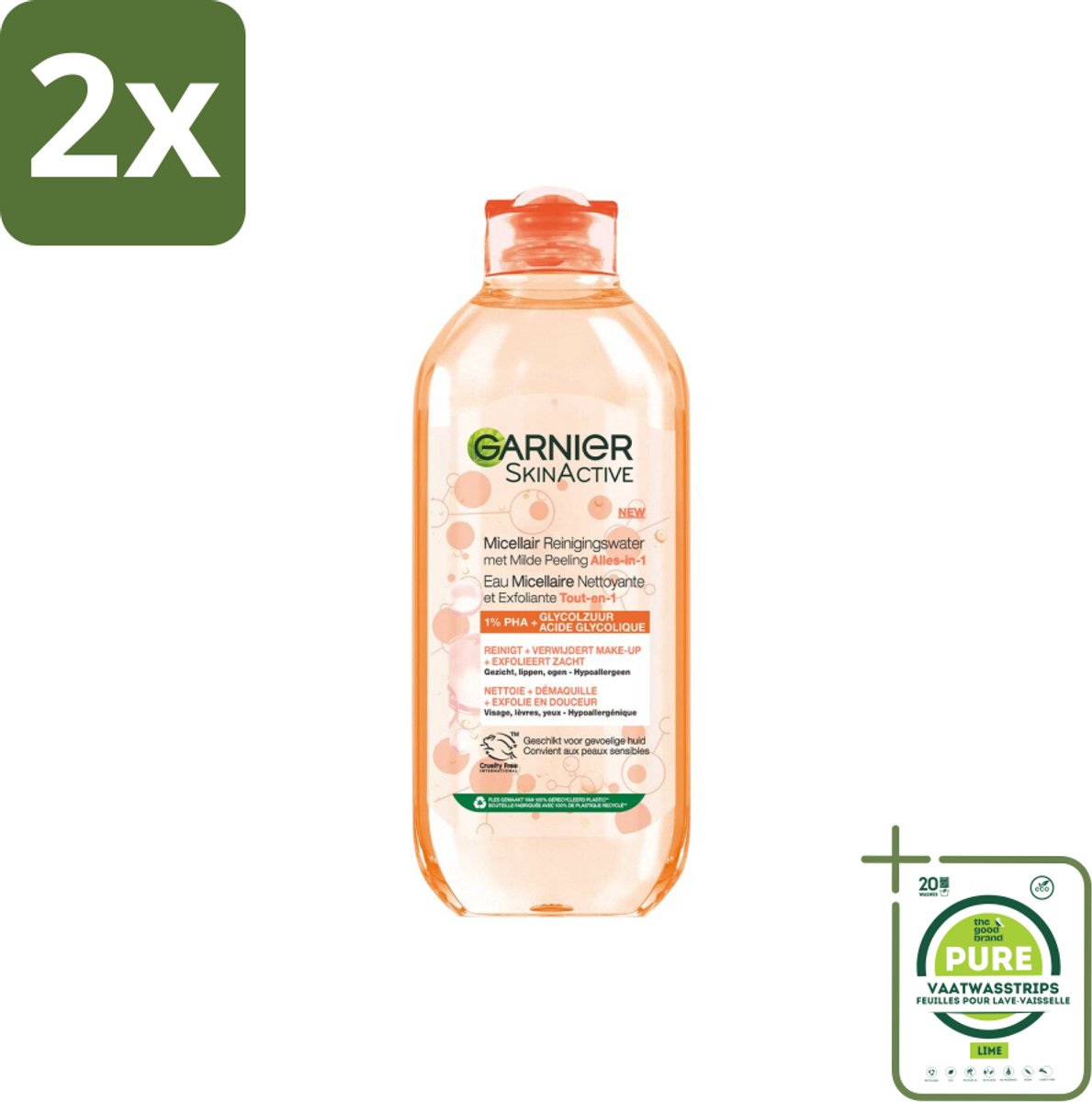Garnier - SkinActive - Micellair Reinigingswater - Milde Peeling - Alles-in-1 - 400 ml - Voordeelverpakking - 2 stuks - Micellair water - Reinigingswater