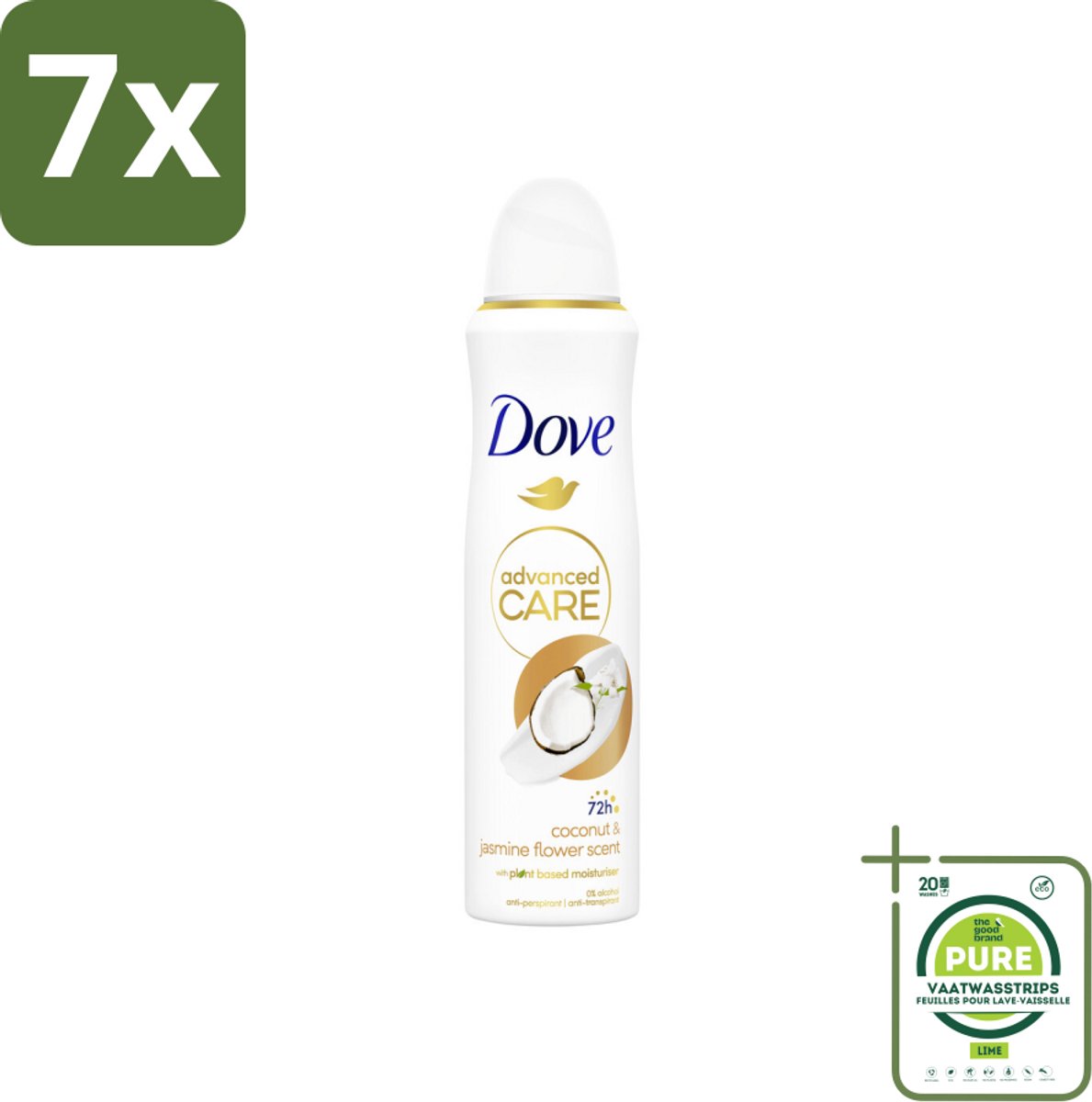 7 x Dove Deodorant Spray - Advanced Care - Kokos & Jasmijnbloem - 150 ml - Grootverpakking - Deodorant Spray - Anti-transpirant - Kokos - Jasmijn - Langdurige Frisheid