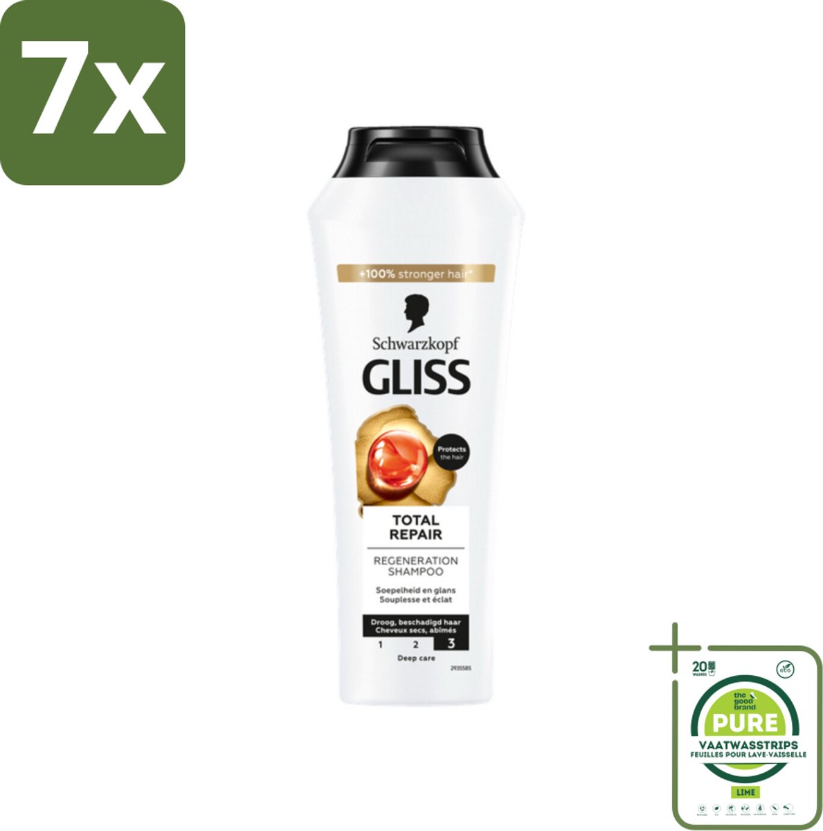 7 x Gliss - Shampoo - Total Repair - Voor Intensief Haarherstel - 250 ml - Grootverpakking - Haarherstel Shampoo - Droge Haren Shampoo - Beschadigd Haar Shampoo - Keratine Shampoo - Haarversterkende Shampoo