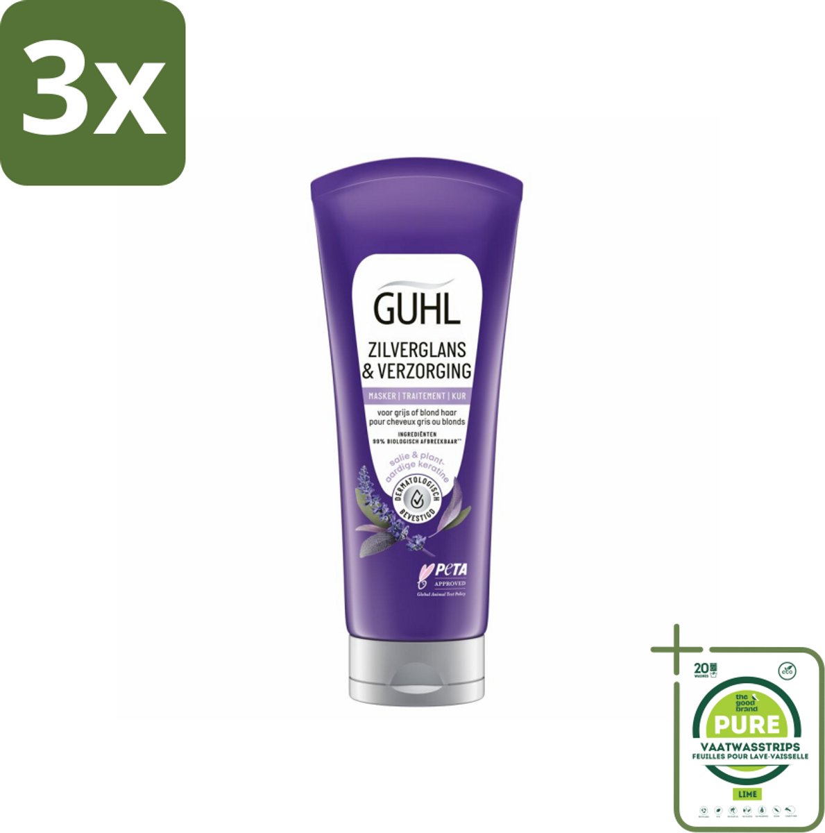 3 x Guhl - Haarmasker - Zilverglans & Verzorging Anti-Geel - 200 ml - Grootverpakking - Blond Haar - Grijs Haar - Anti-geel Masker - Haarmasker - Haarverzorging