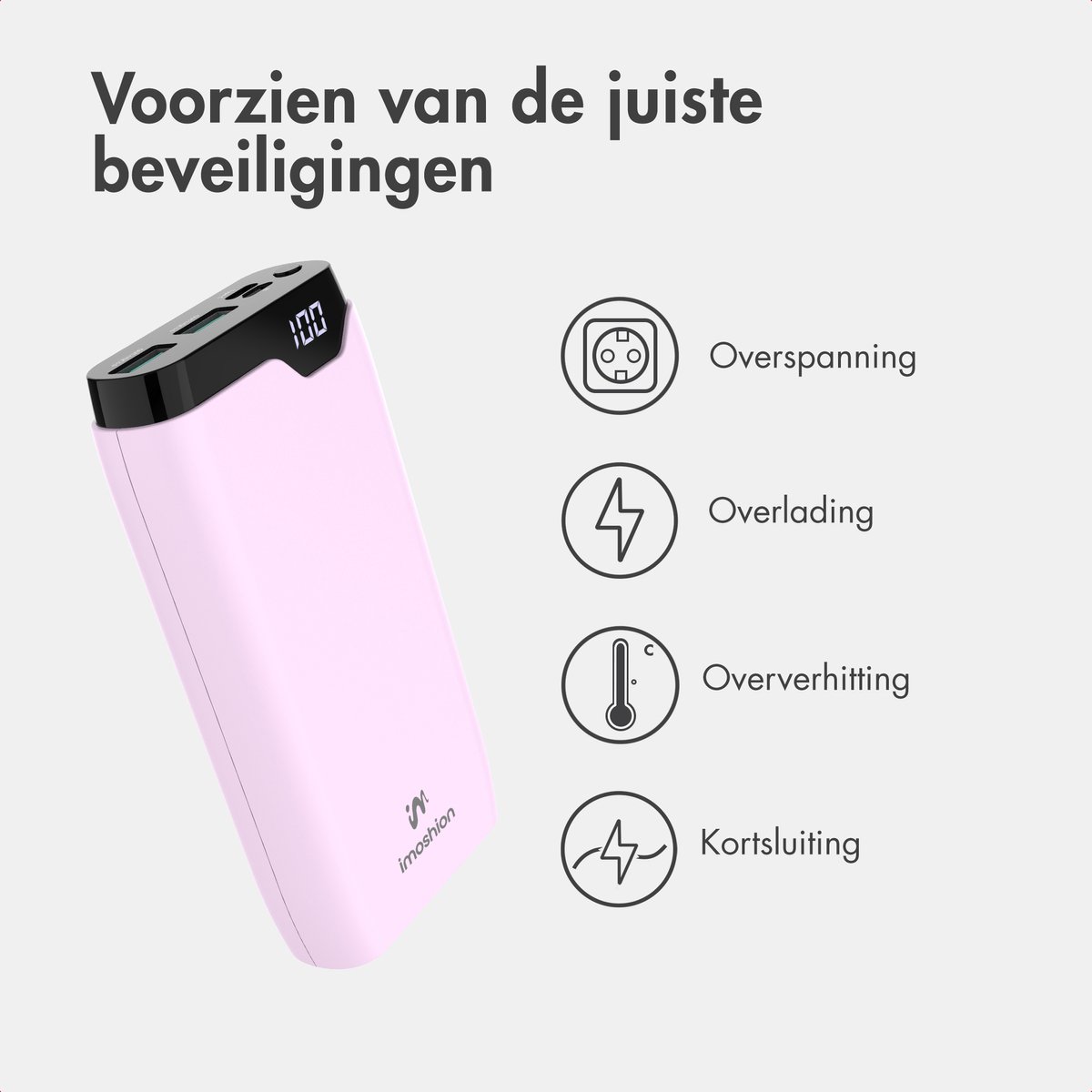imoshion® Powerbank 20000 mAh - 22.5W Snellader - USB C / USB A - LED Display - Powerbanks - Universeel - Noodpakket - Roze — cadeau in Telefoon & Tablet - foto 7