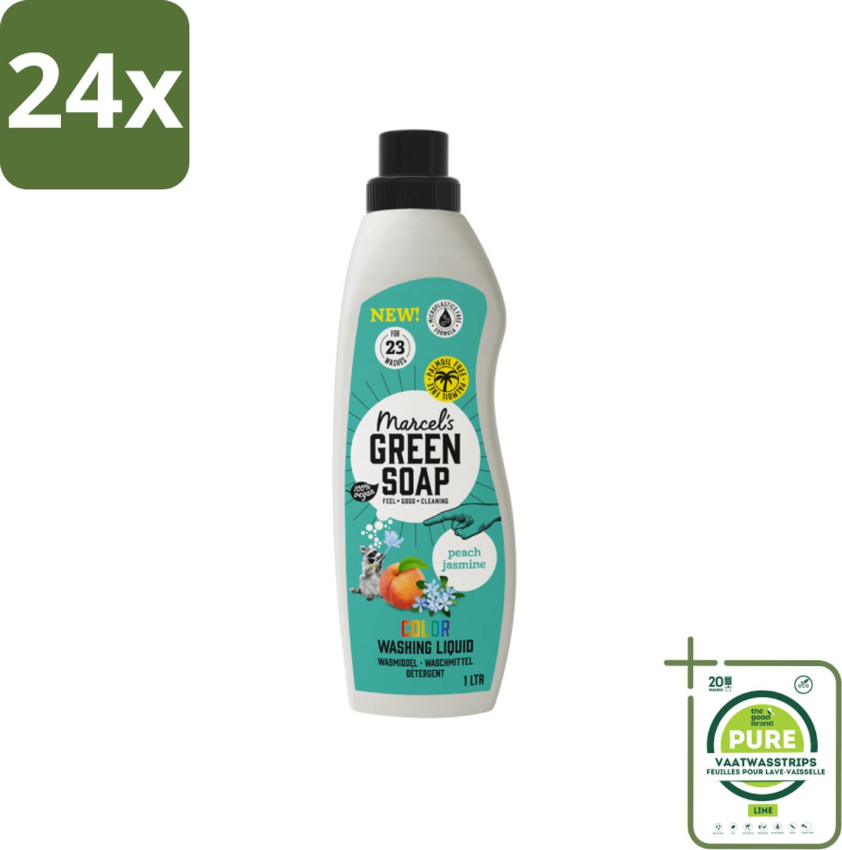 Marcel's Green Soap - Vloeibaar Wasmiddel - Kleur - Perzik & Jasmijn - Effectief & natuurlijk - 23 Wasbeurten - 1 liter - Voordeelverpakking - 24 stuks - Wasmiddel - Biologisch afbreekbaar
