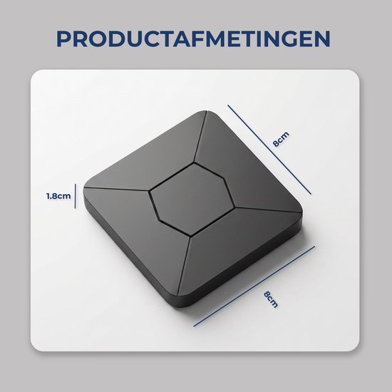 De zwarte Android TV Box is 8x8cm en 1.8cm hoog, met productafmetingen aangegeven.