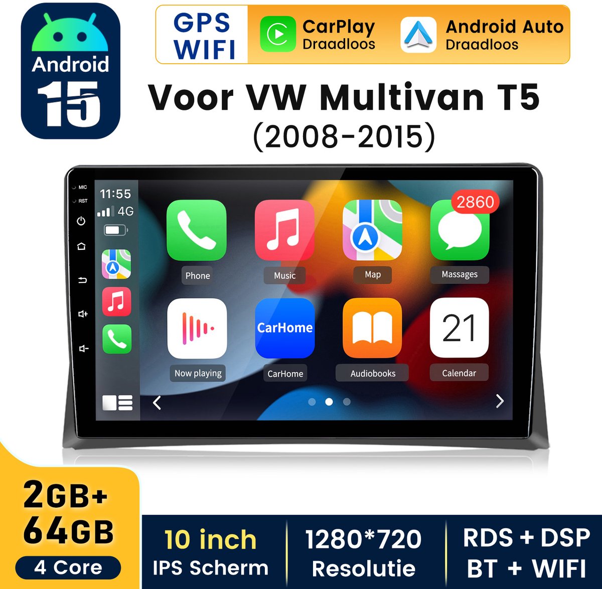 Hexinexmarket Autoradio Geschikt Voor VW Multivan T5 (2008- 2015) - Draadloos CarPlay, Android Auto, GPS Navi, multimediaspeler - 2GB+64GB