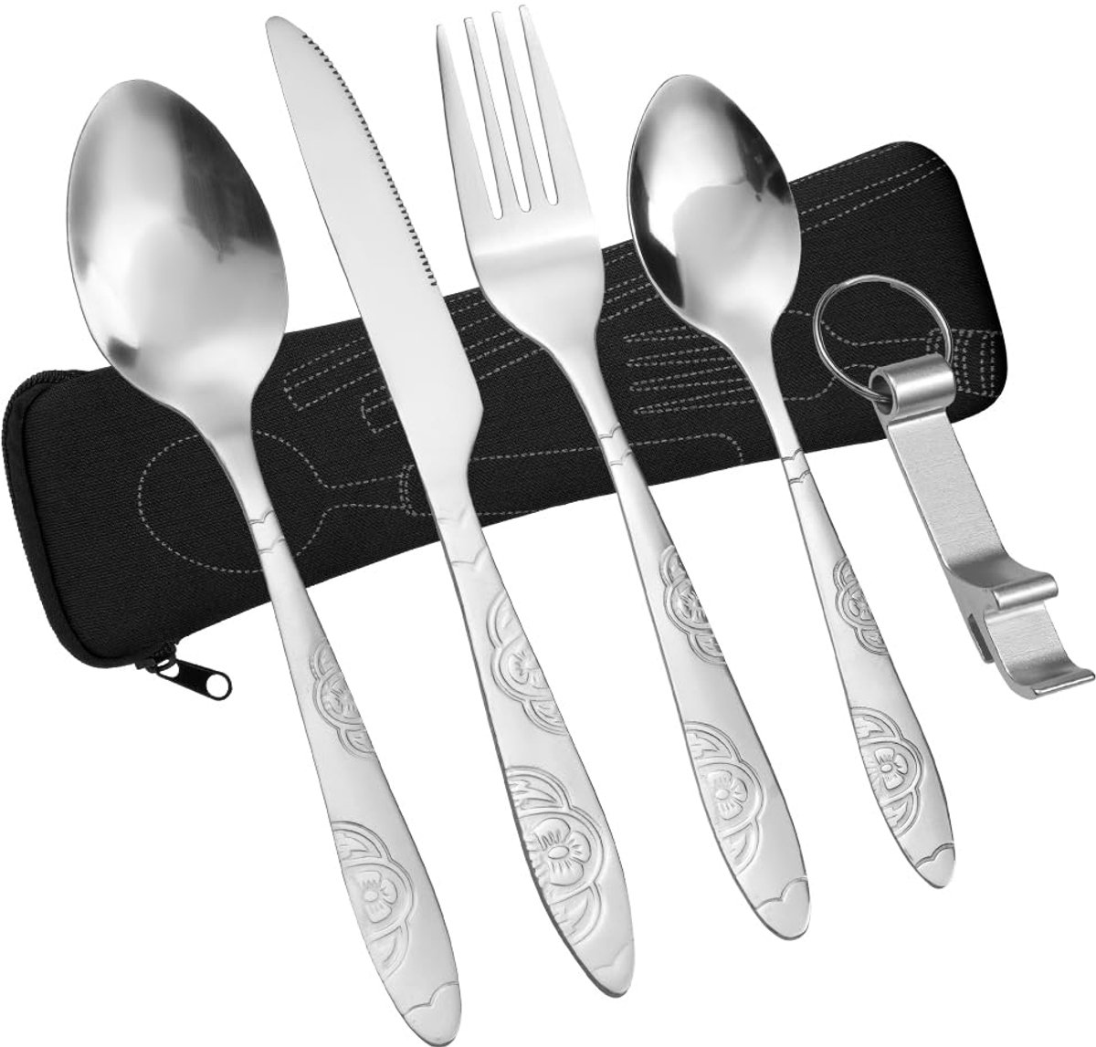 Camping Bestekset - 6 Delig - RVS Bestek - Herbruikbaar Reisbestek - Draagbare Bestekset met Opbergdoos - Voor Kamperen, Picknick, Werk en Outdoor - Zwart