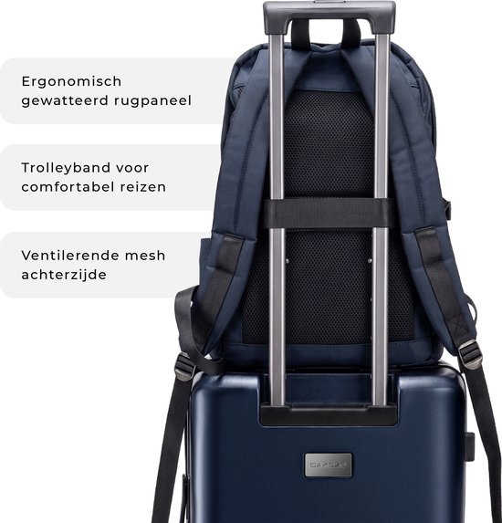 Donkerblauwe rugzak op een koffer, met tekst over ergonomisch rugpaneel, trolleyband en ventilerende mesh achterzijde.
