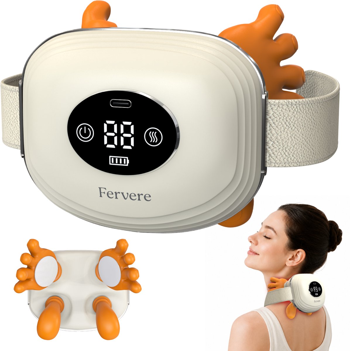 Fervere Premium 4D Nekmassage Apparaat - Bionische Massagehanden met Warmte - Draadloze Shiatsu Massager - LED Display - Voor Nek, Schouders, Rug, Armen & Benen - Beige