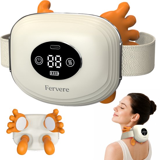 Een beige nek massager met oranje bionische handen en een digitaal display.