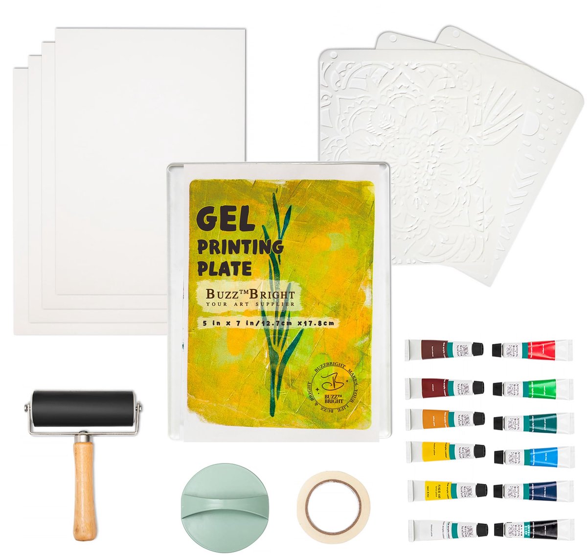 Gel Printing Set - Complete Printmaking Kit - Inclusief 5 x 7 Inch Gelplaat, Roller, Printpapier, Acrylverf en Gereedschap - Voor Creatief Drukken, Kunstprojecten en Hobbygebruik