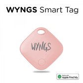 WYNGS Smart Tag, een roze, ruitvormige tracker met een sleutelringgat. "WYNGS" is in grijs op de voorkant gedrukt.