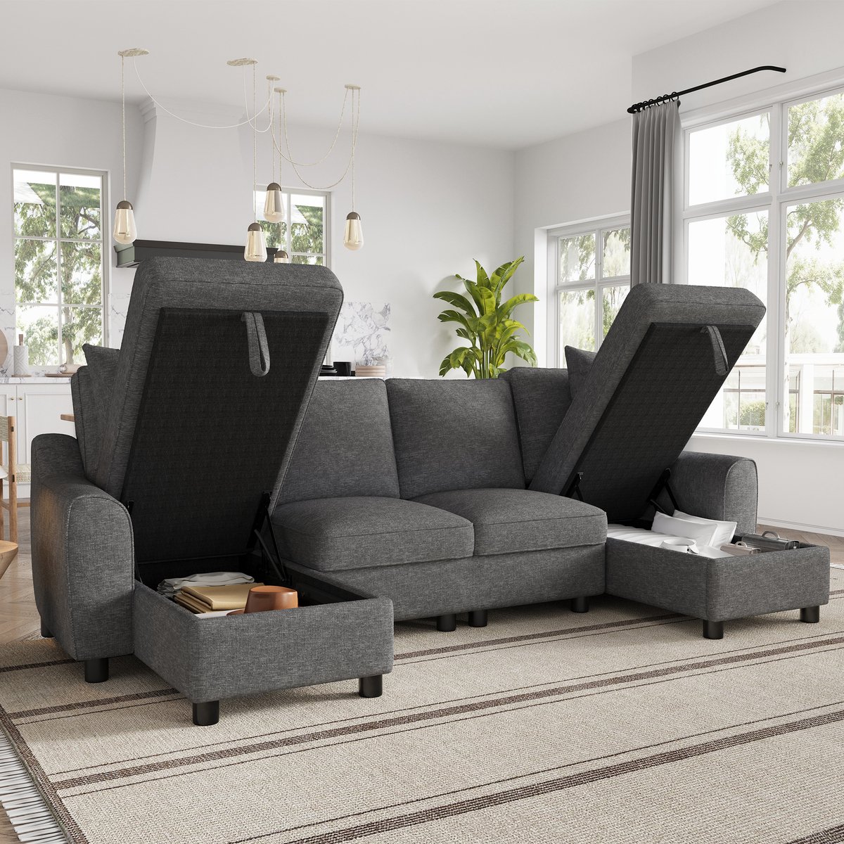 Modern U-vormige bank - 2-zits - met twee kussens - chaise longue met opbergruimte - multifunctionele modulaire bank - grijs