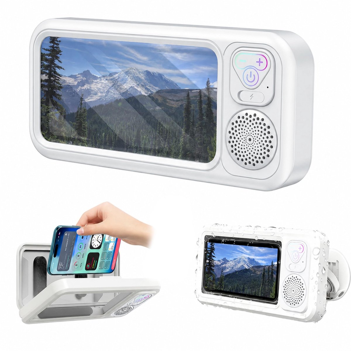 Namajunas - Telefoonhouder met waterdichte Bluetooth-luidspreker - IPX 5 Bedienbaar Touchscreen - 480° rotatie - voor Douche en Bad，Keukens - Waterproof Smartphone Houder - Badkameraccessoires - Wit - Bluetooth Mini Speaker