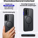 Zwarte TPU siliconen telefoonhoes met magnetische cirkel. Toont grip en knoppen.