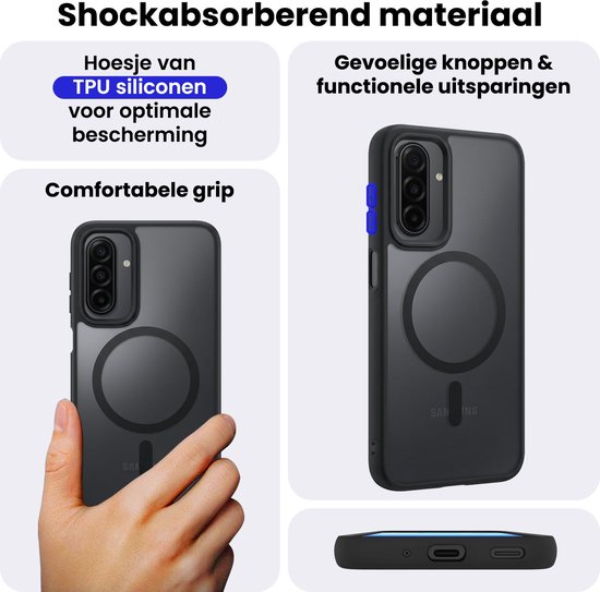 Zwarte TPU siliconen telefoonhoes met magnetische cirkel. Toont grip en knoppen.