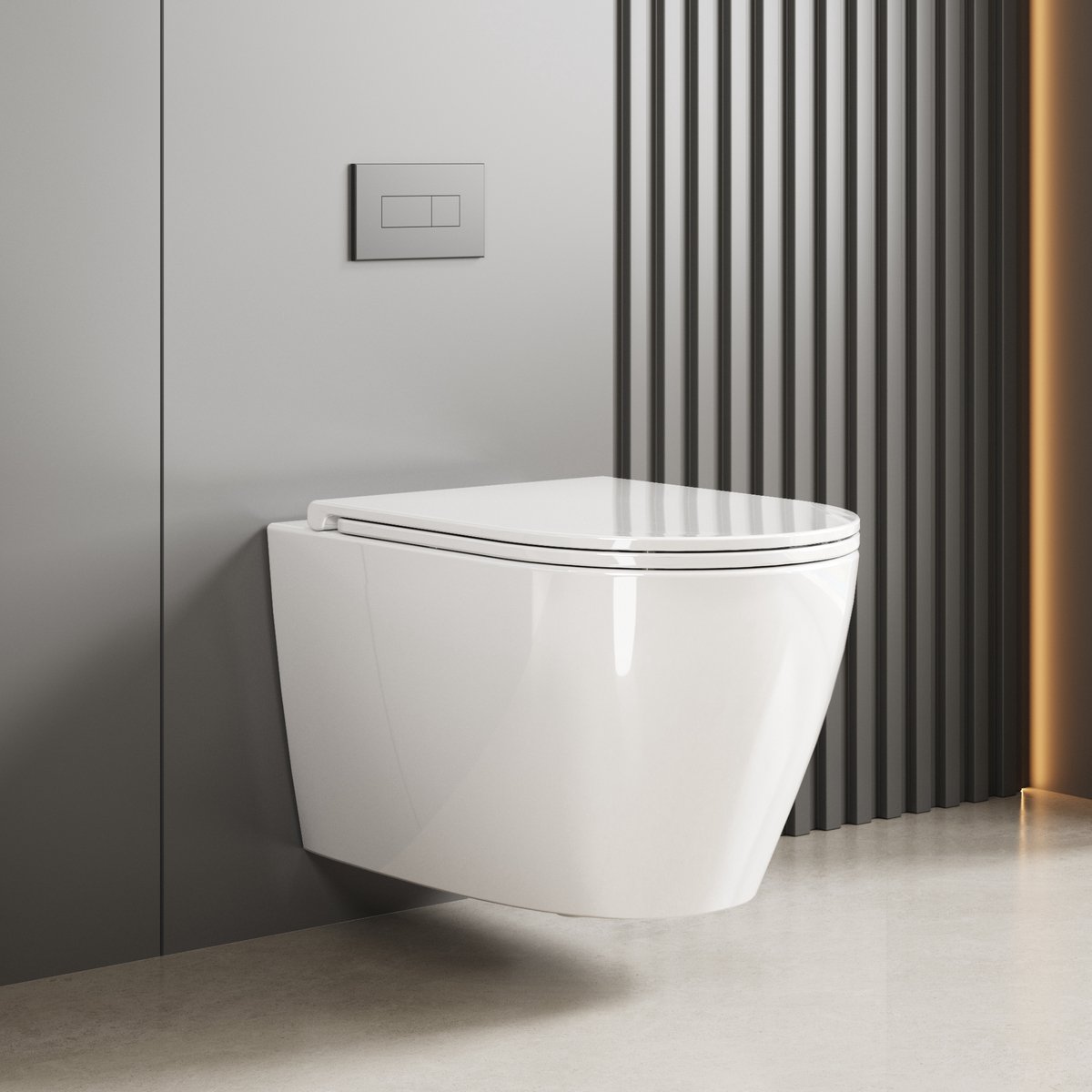 Randloos zwevend wandtoilet van keramiek, D-vormig – 360° doorspoelsysteem, snelontgrendelbare soft-close zitting, ruimtebesparend wit model