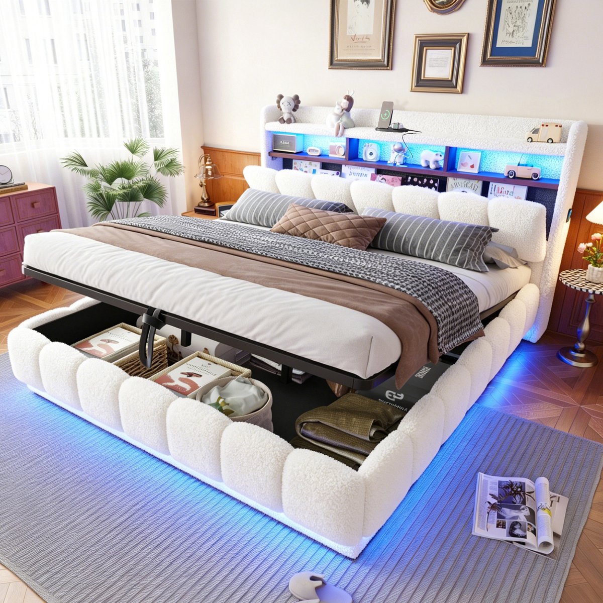 PHOEBE CAT Gestoffeerd bed - 180 × 200 cm - Opbergruimte - LED-verlichting - Oplaadpoort - Metalen lattenbodem - Wit