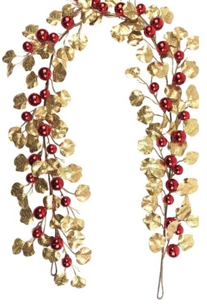 Guirlande Rode kerstballen/gouden bladeren 200cm