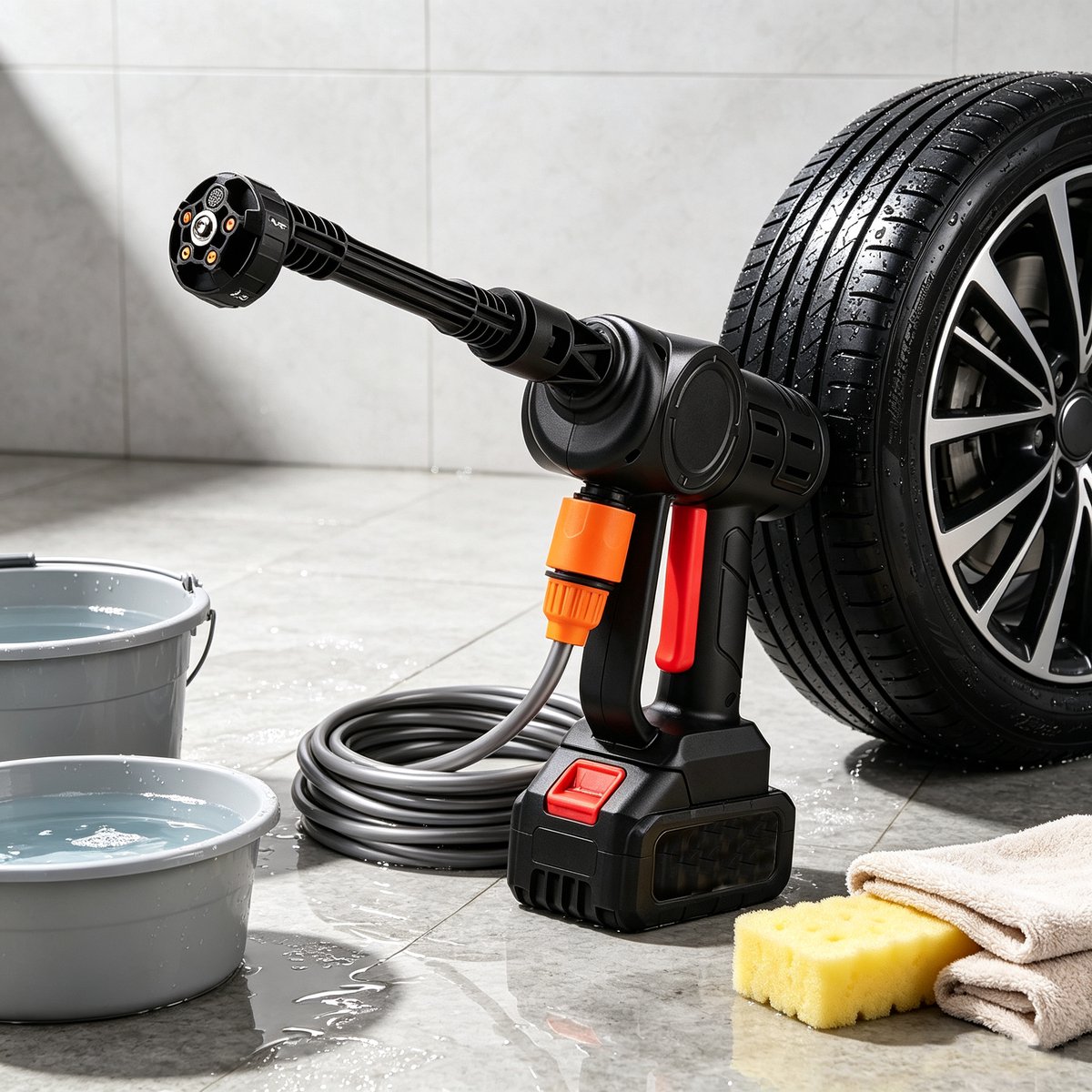 Draadloze Hogedrukspuit Set | Draadloze Autowasser met 5-in-1 Spuitkop Foampot Aanzuigslang en Filterzeef Oplaadbare Lithium Accu Portable Reinigingsgun voor Auto Terras en Tuin