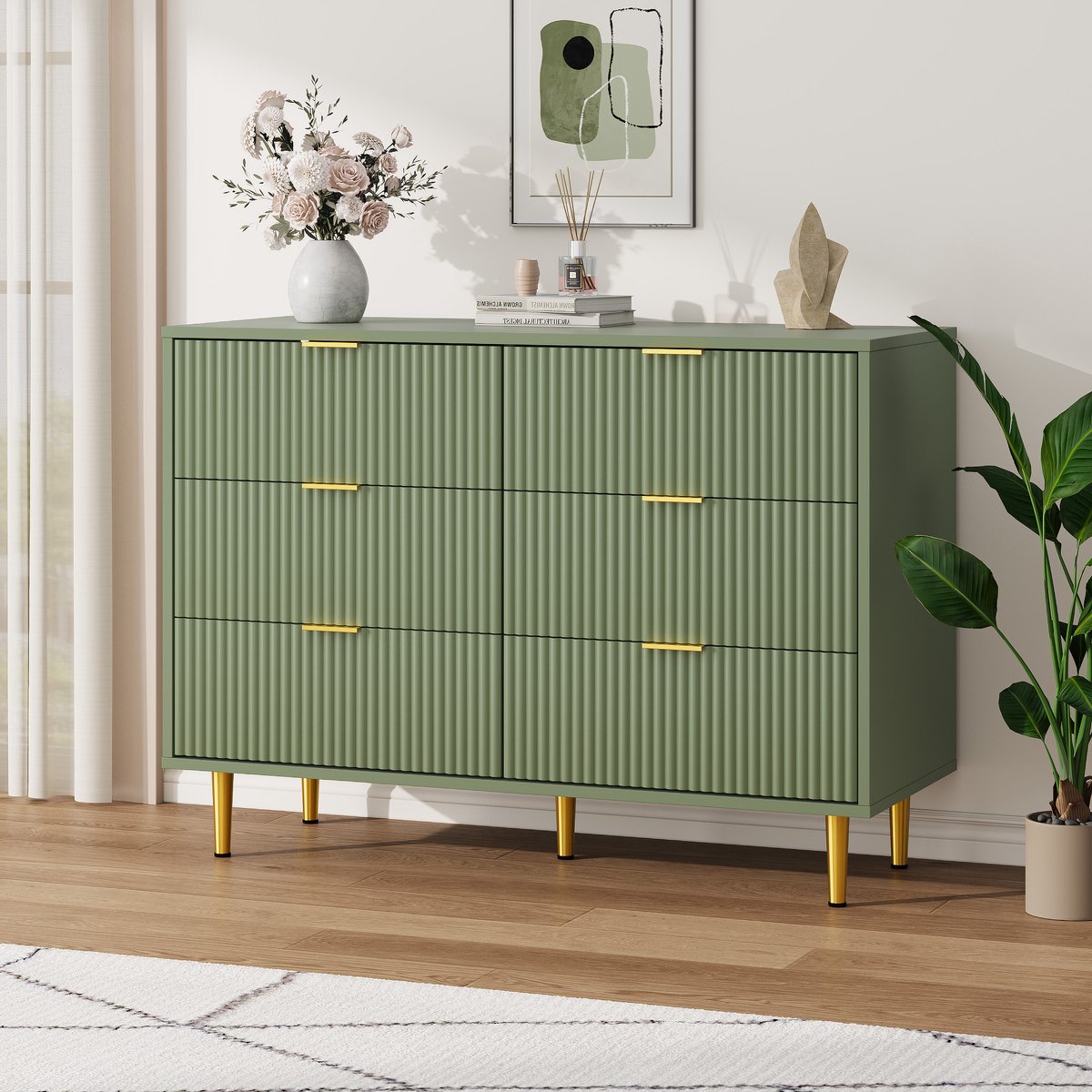 ladenkast met 6 laden, 100×40×75 cm – geribbeld golvend front, goudkleurige metalen handgrepen en poten, inclusief kantelbeveiliging, geschikt voor slaapkamer, woonkamer en gang