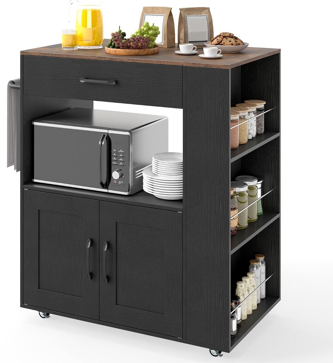 Magnetronkast - Keukenkast - Keukenrek Staand - Ovenkast - 75L x46B x 90.5H - Organizers - Draagplank - Aanrecht Organiser - Zwart