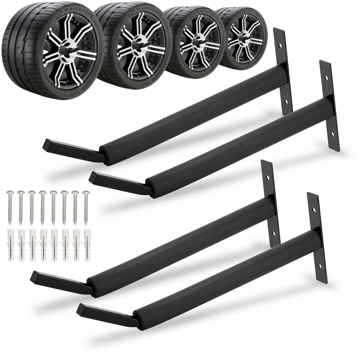 SnelShoppen - Heavy Duty Bandenrek Wandmontage, Garageopberghaken voor Bandenopslag, Klapstoel, Ladder, Fiets, Tuingereedschap, 4 Stuks Zwart IJzeren