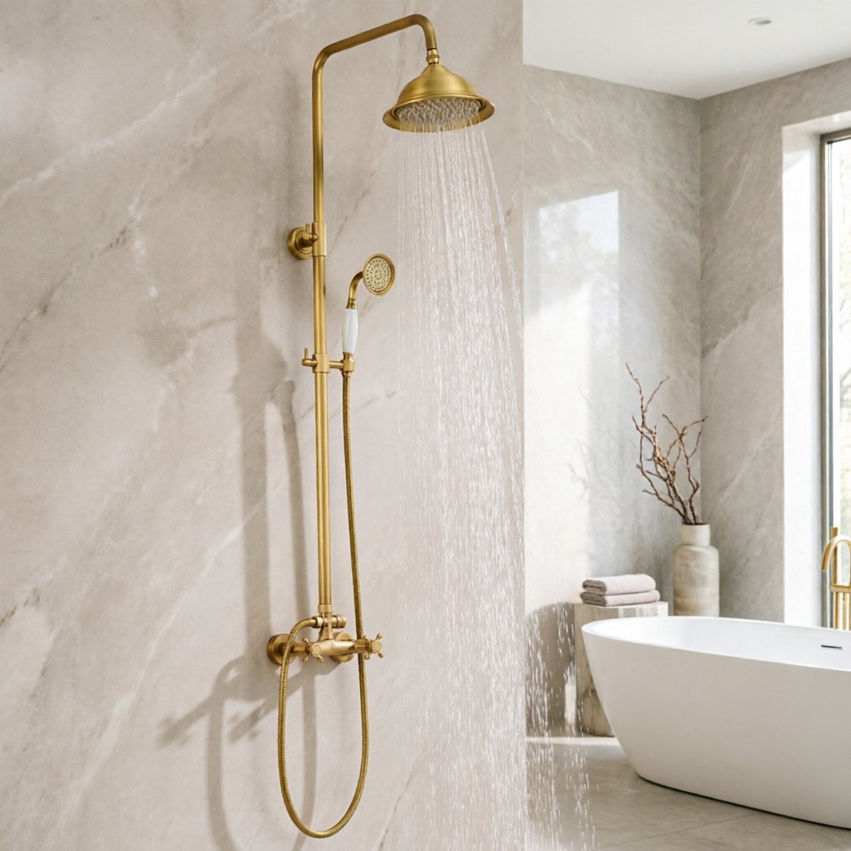 Auralum Max Antiek Koperen Doucheset - Regendouche en Handdouche - Dubbele Handgreep - 2 Functies - Ø 20 cm Hoofddouche - Retro Design - Hoogte Verstelbaar 88-126 cm - Goud