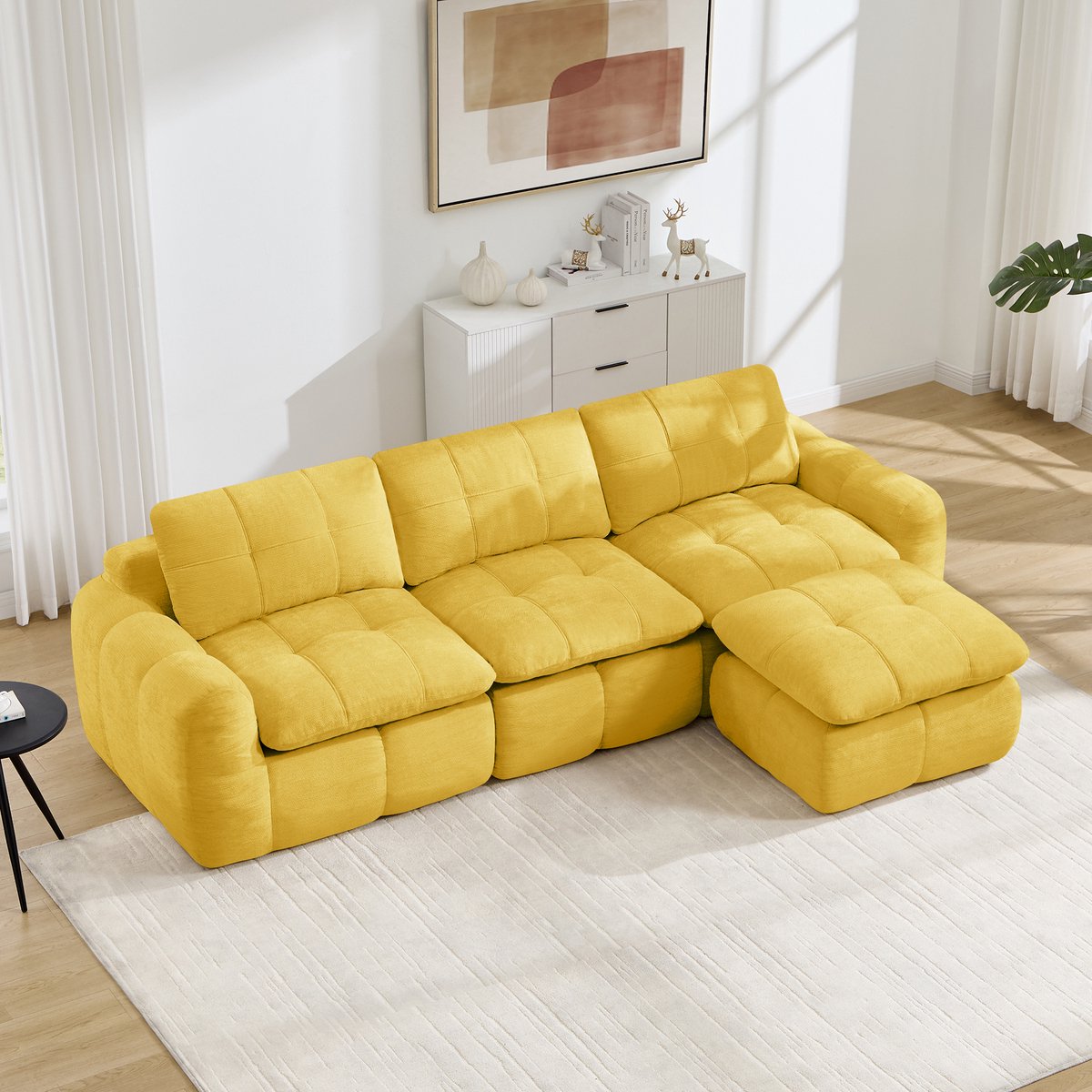 Moderne Hoekbank, L-Bank, 3-Zits bank, 3-Zits L-Vormige, Frameloze Modulaire Bank, Huidvriendelijke Zachte Chenille Bekleding, 32D Schuimvulling Met Hoge Dichtheid, Montagevrij, Inclusief 1 Poef, Geschikt Voor Woonkamers En Appartementen,Geel