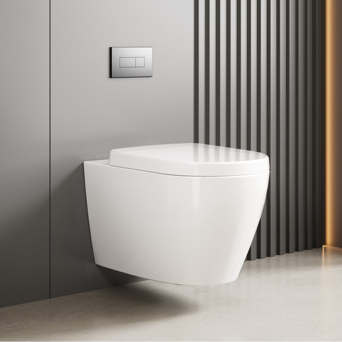 Randloos zwevend wandtoilet van keramiek, D-vormig – 360° doorspoelsysteem, snelontgrendelbare soft-close zitting, ruimtebesparend wit model