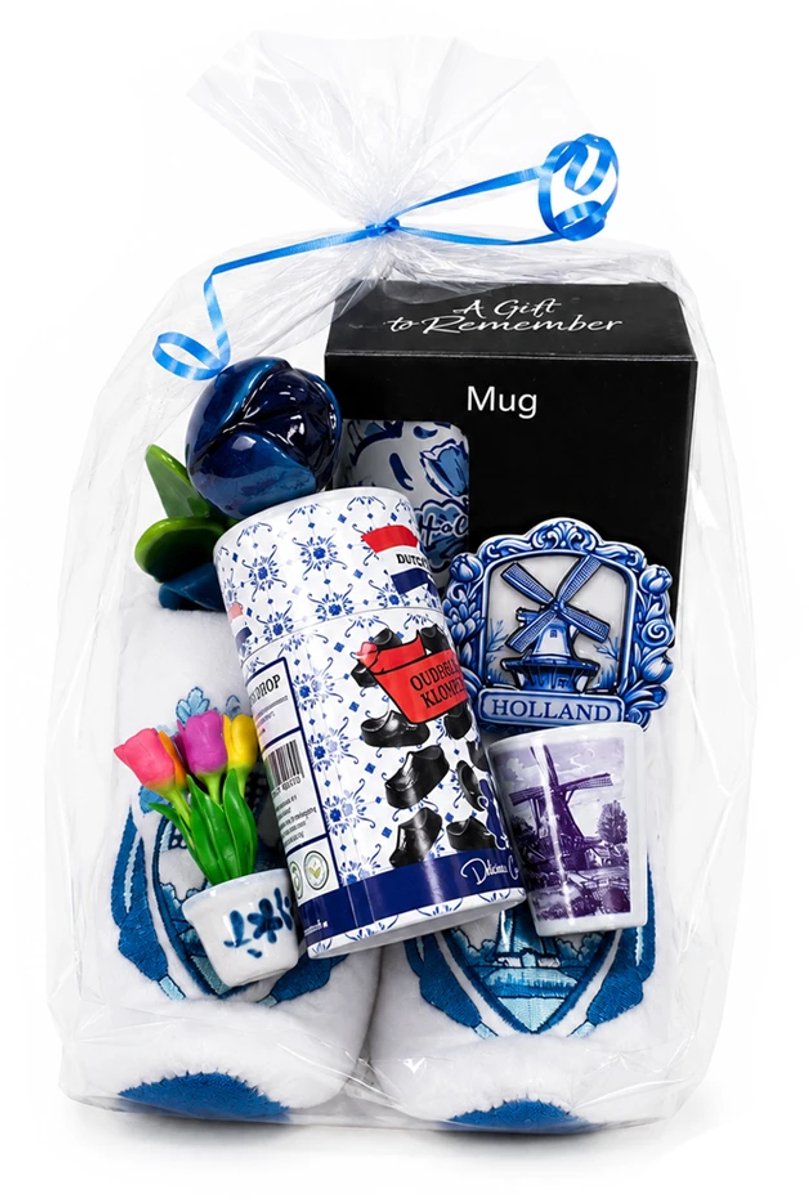 Geschenkpakket delfts blauw met sloffen - Verpakt in geschenktas - Nederlands cadeau - Cadeaupakket - Nederland souvenir - Hollandse cadeautjes - Hollandse souvenirs