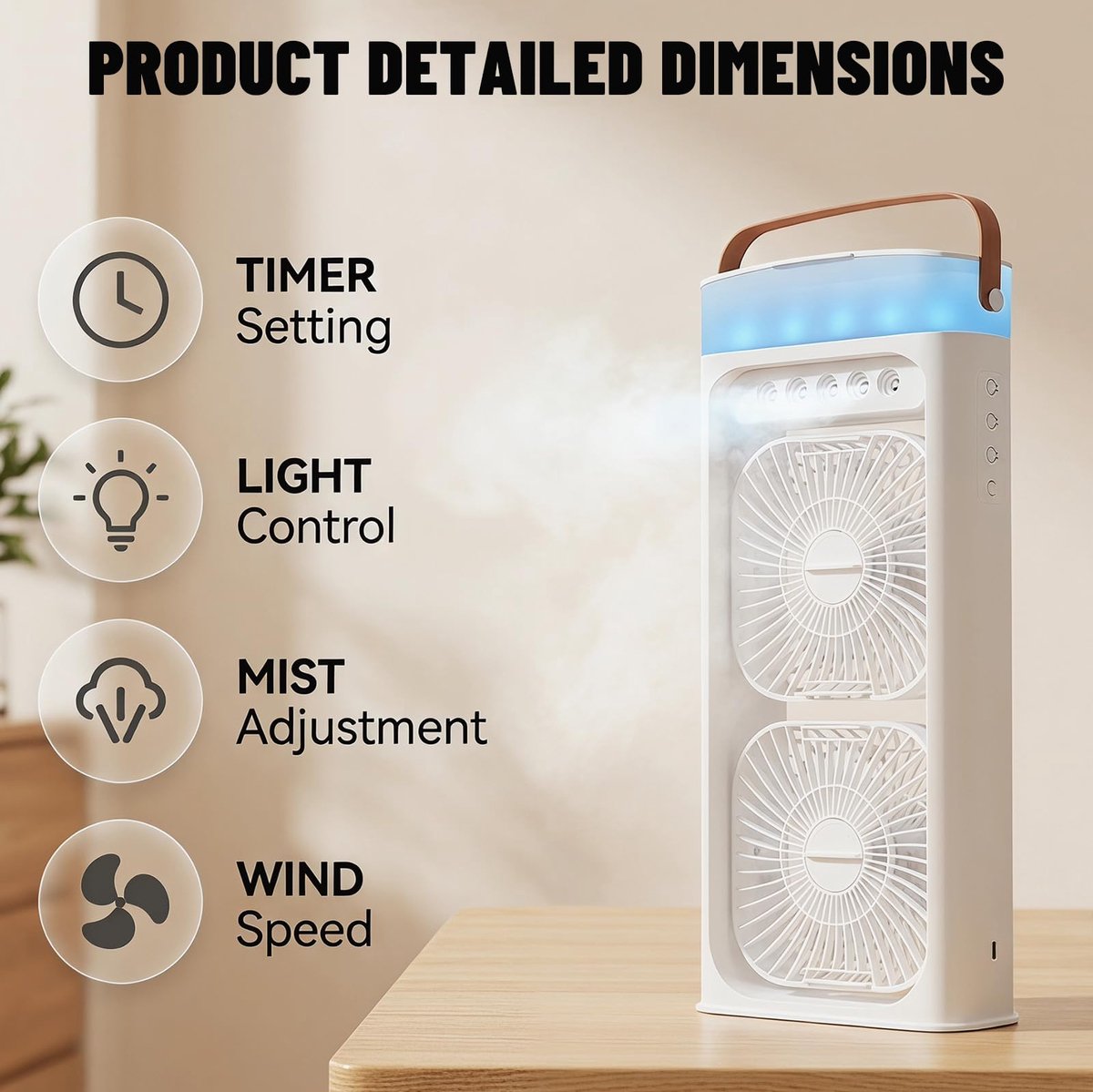 SnelShoppen - Peelanmall Sproeiventilator Dubbele Kop 4-in-1 Draagbare Luchtkoeler met Nevelspray 3 Standen Timer LED Nachtlampje USB-C Oplaadbaar Min