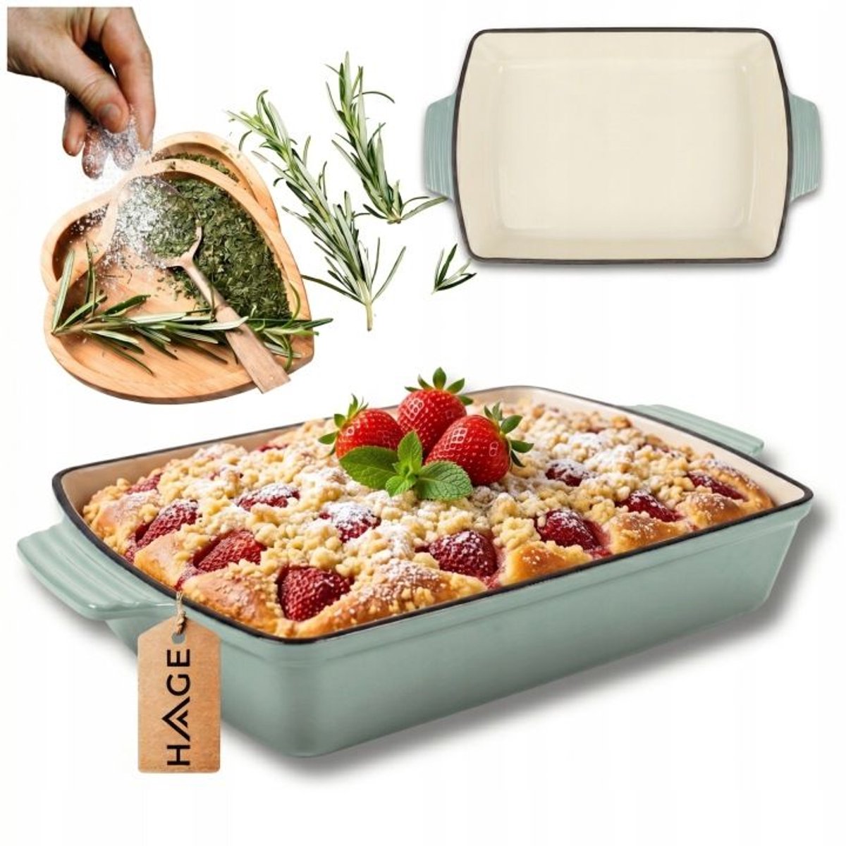 Hage - Bakvorm - Ovenschaal - Gietijzeren Ovenschaal - Emaille Braadslede met Handgrepen - Geschikt voor Inductie, Oven & Alle Warmtebronnen - 3.5 Liter - 32 x 23.5 cm - Pastel Teal