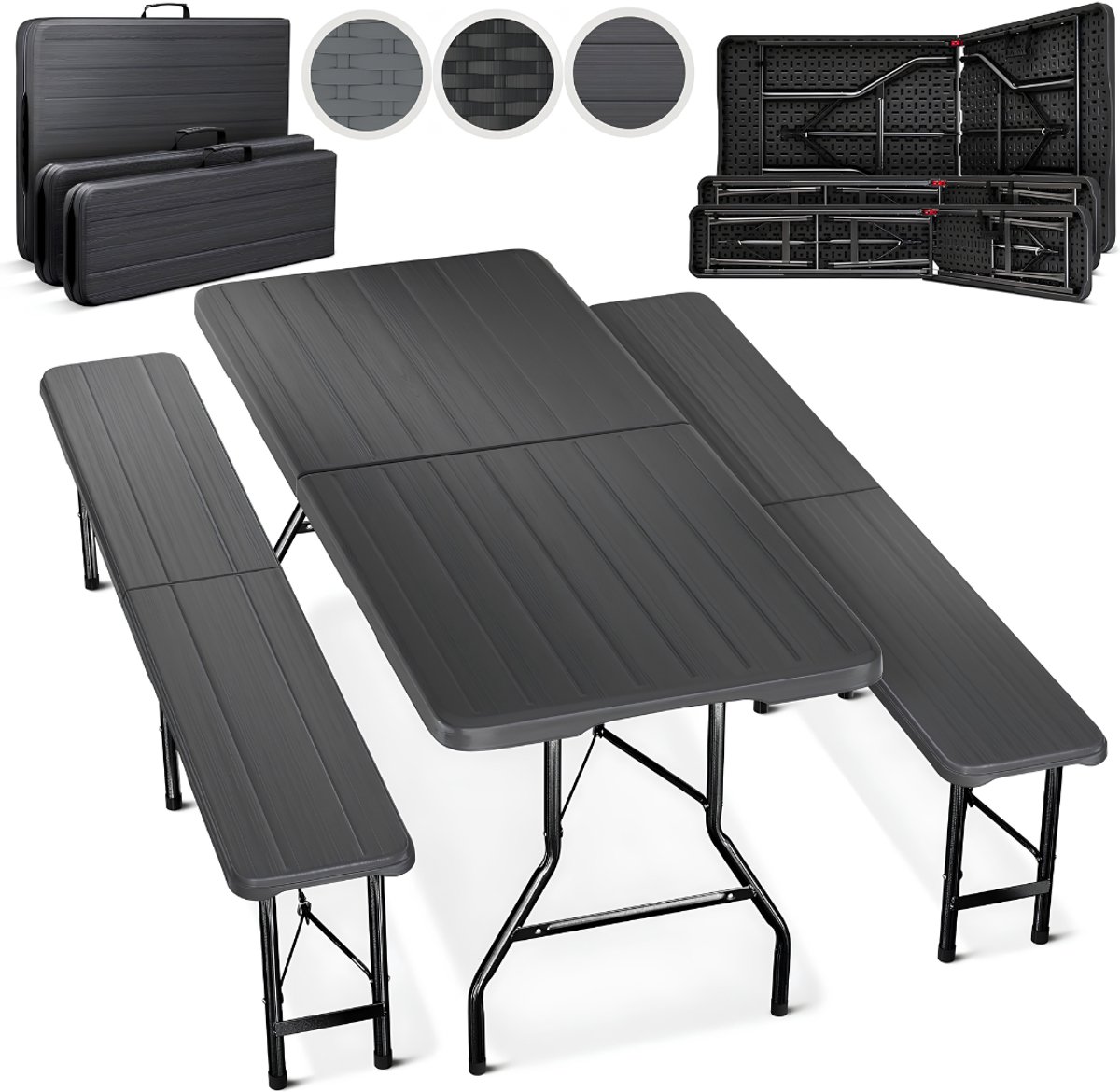 Lìon® Tafel - 2 Bierbanken en 1 Biertafel - Biertafel - Biertafel met Banken - Antraciet - 90cm x 74cm x 8cm